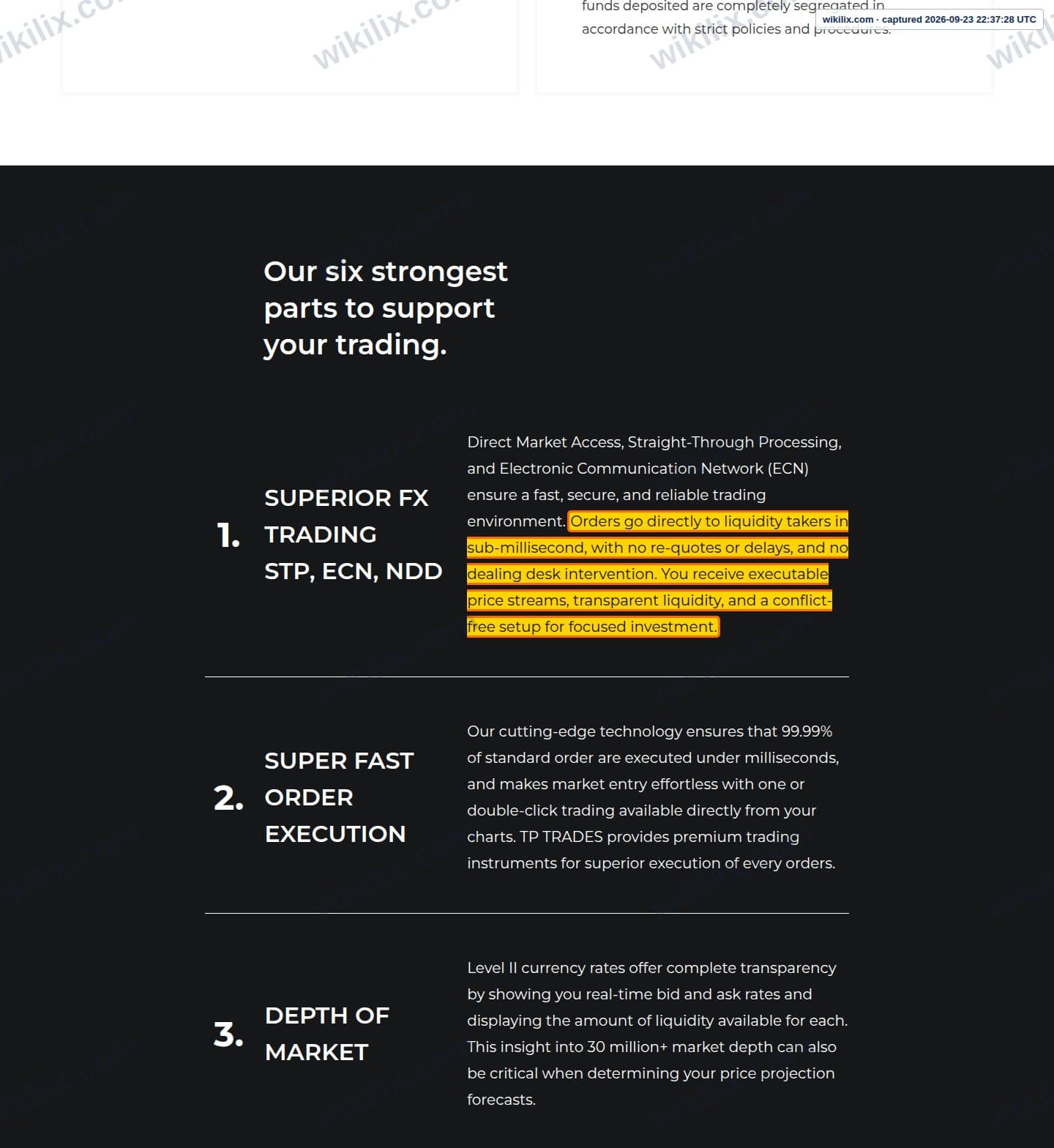 Our full page screenshot of the page that makes this promise, on TP Global's site tptrades.com, taken on Sep 23, 2026. The quoted words are marked in the image.