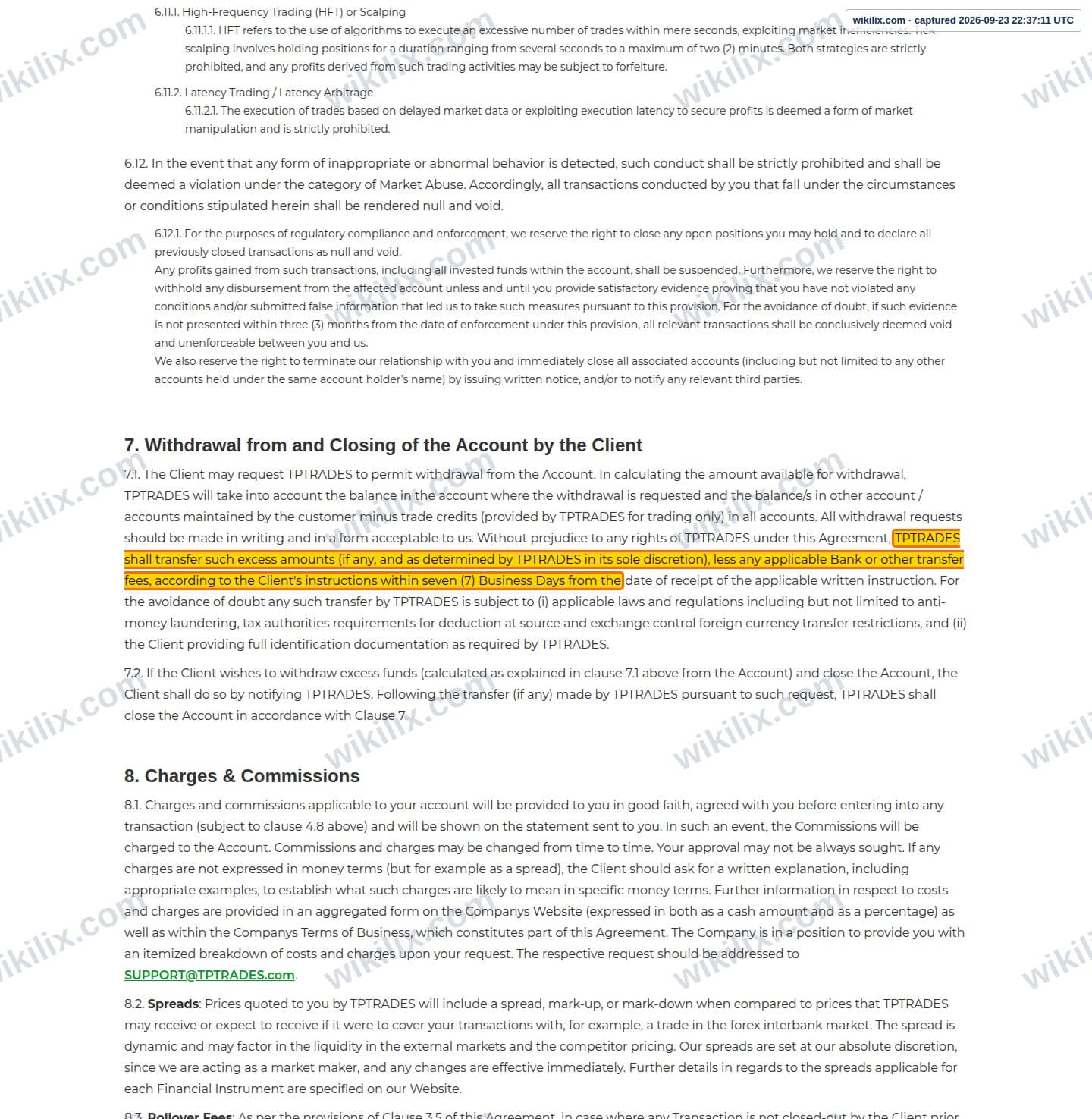 Our full page screenshot of the page this clause sits on, on TP Global's site tptrades.com, taken on Sep 23, 2026. The quoted words are marked in the image.