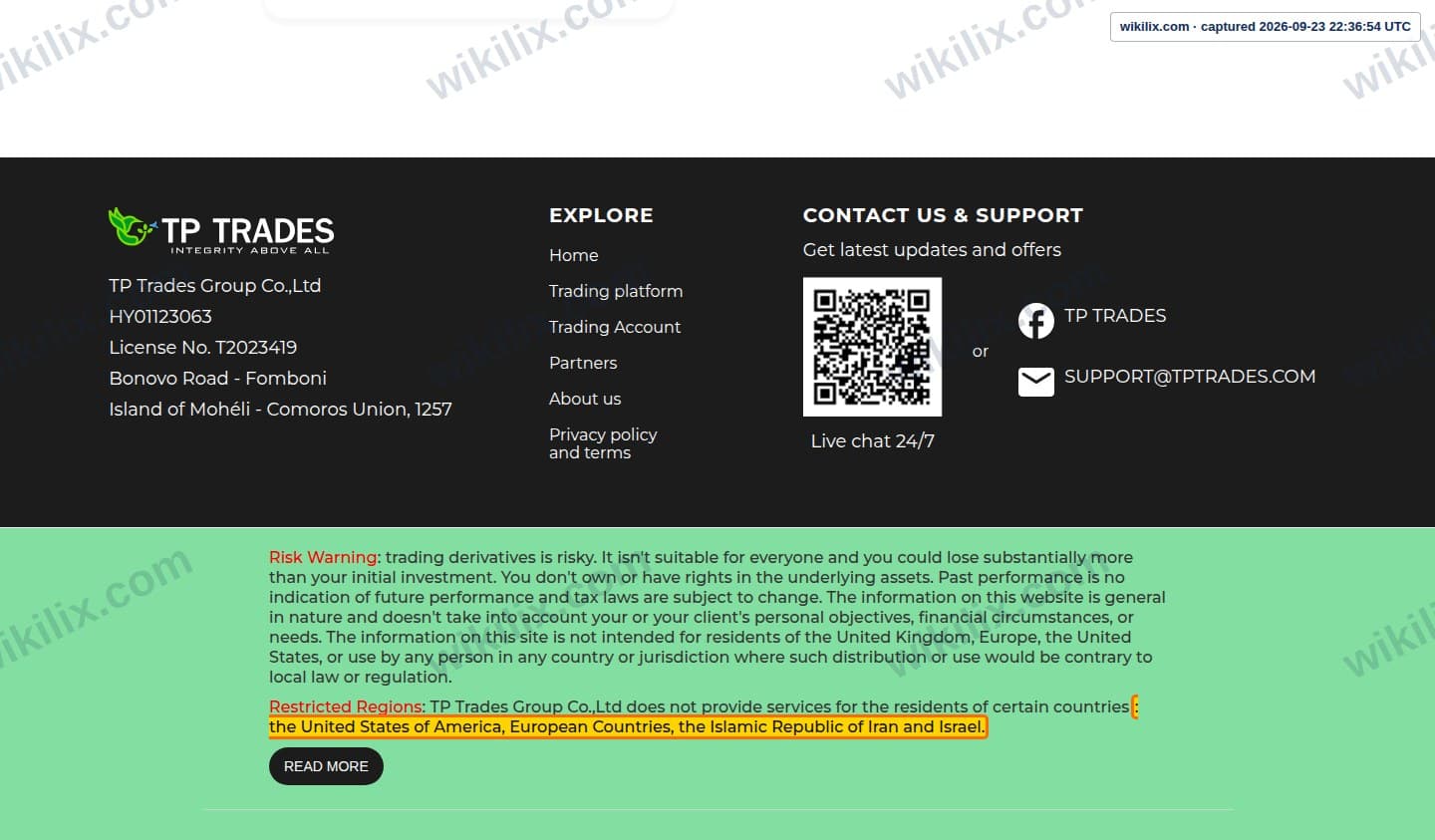 Our full page screenshot of the page that makes this promise, on TP Global's site tptrades.com, taken on Sep 23, 2026. The quoted words are marked in the image.