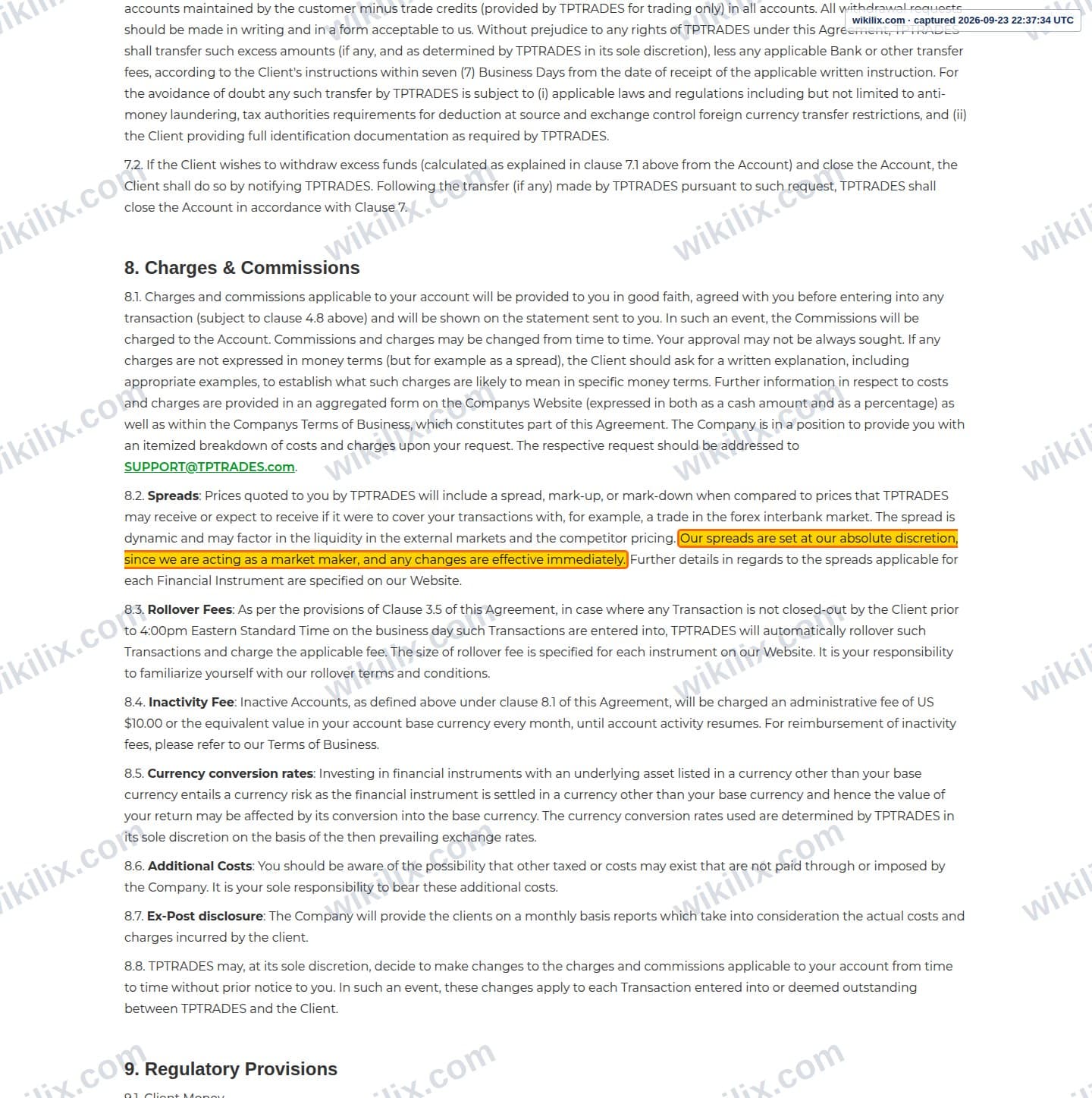 Our full page screenshot of the page this clause sits on, on TP Global's site tptrades.com, taken on Sep 23, 2026. The quoted words are marked in the image.