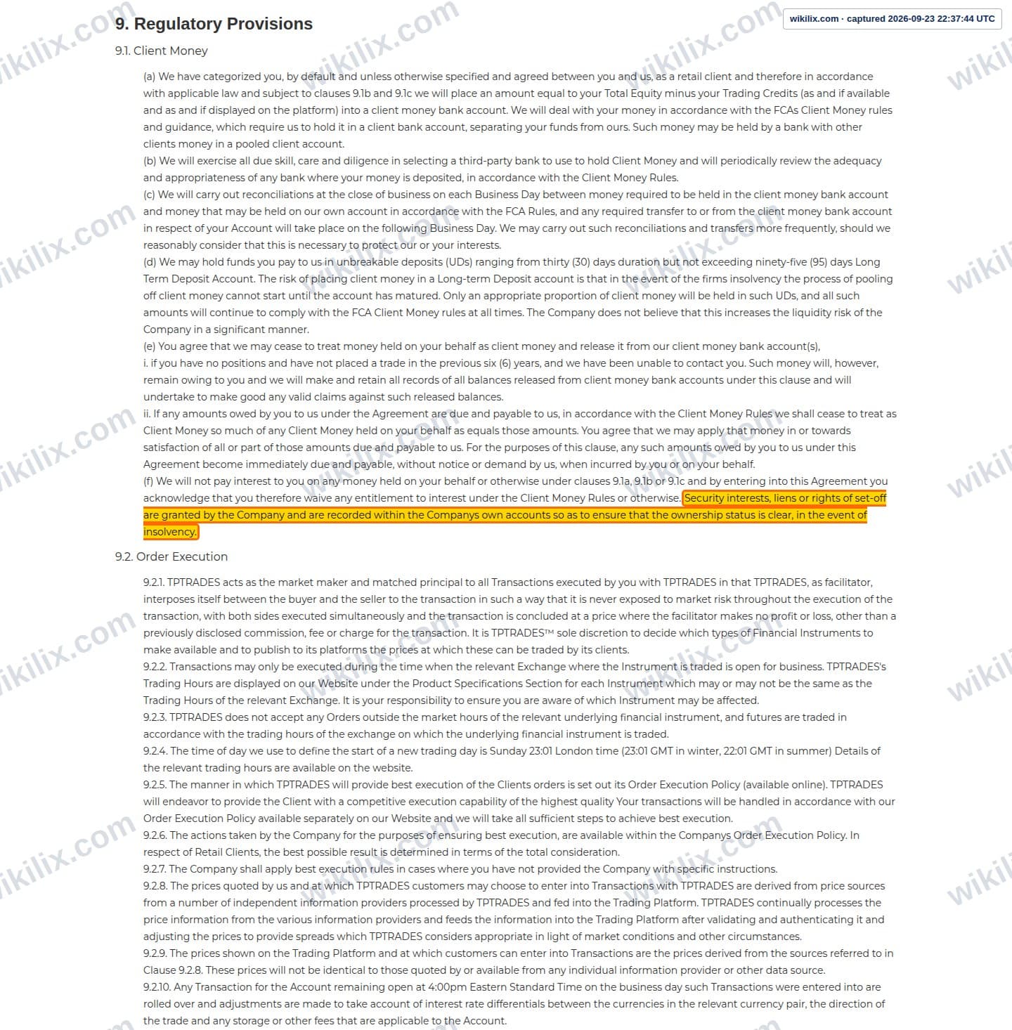 Our full page screenshot of the page this clause sits on, on TP Global's site tptrades.com, taken on Sep 23, 2026. The quoted words are marked in the image.