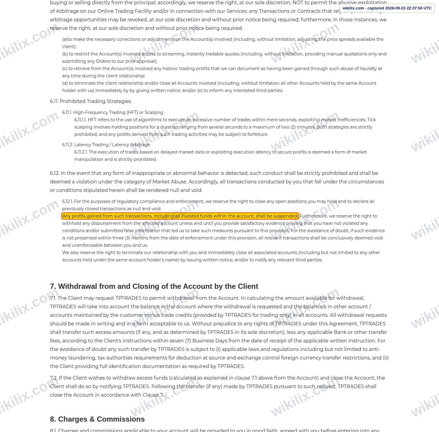 Our full page screenshot of the page this clause sits on, on TP Global's site tptrades.com, taken on Sep 23, 2026. The quoted words are marked in the image.