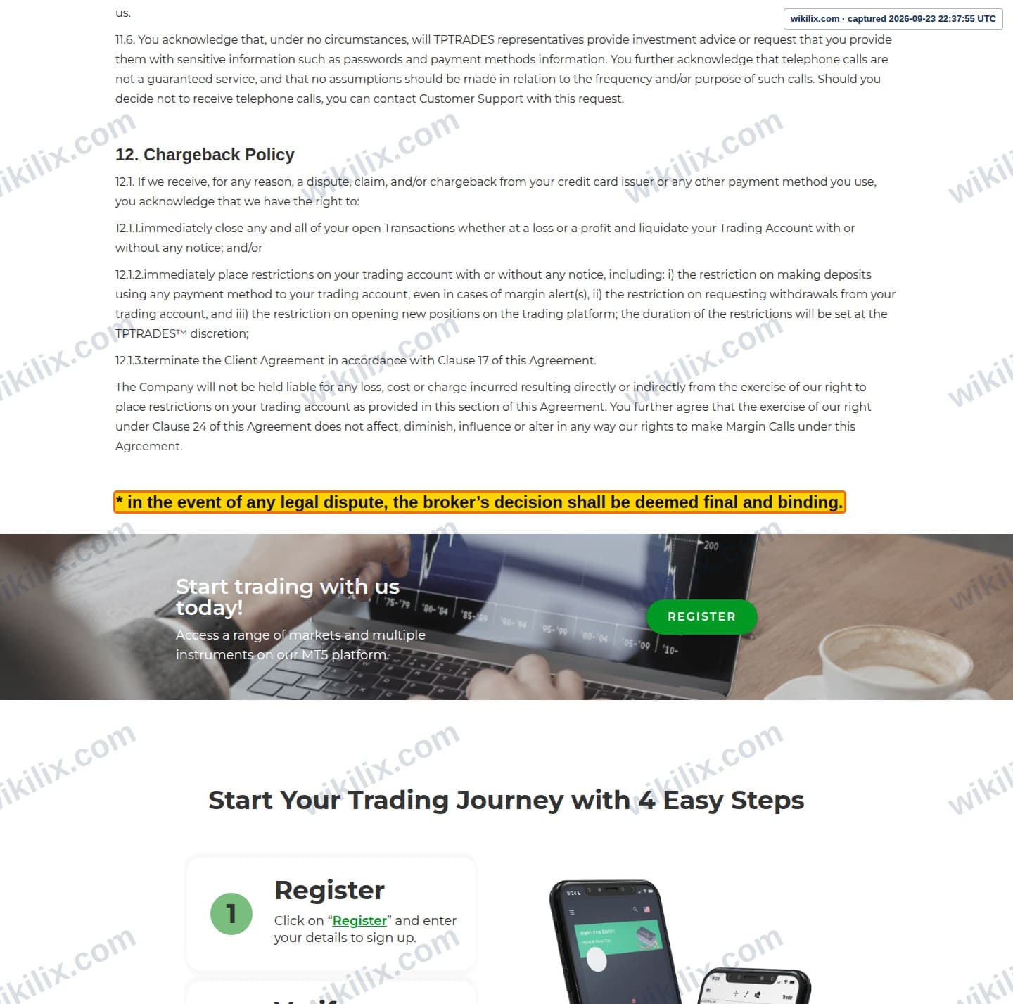 Our full page screenshot of the page this clause sits on, on TP Global's site tptrades.com, taken on Sep 23, 2026. The quoted words are marked in the image.