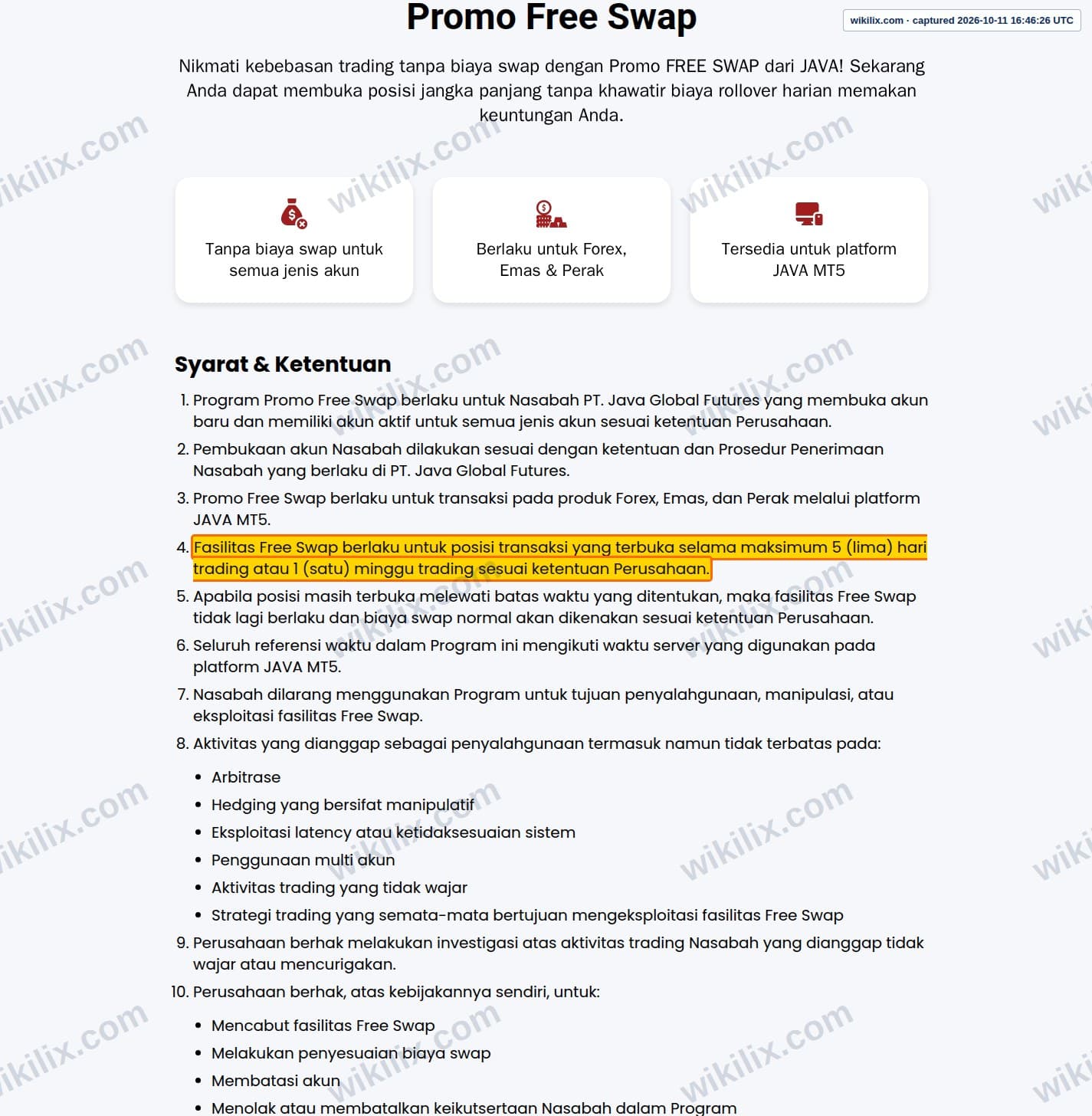 Our full page screenshot of the page this clause sits on, on JAVA's site javafx.co.id, taken on Oct 11, 2026. The quoted words are marked in the image.