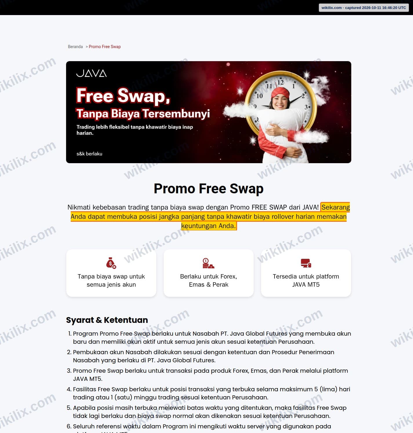 Our full page screenshot of the page that makes this promise, on JAVA's site javafx.co.id, taken on Oct 11, 2026. The quoted words are marked in the image.