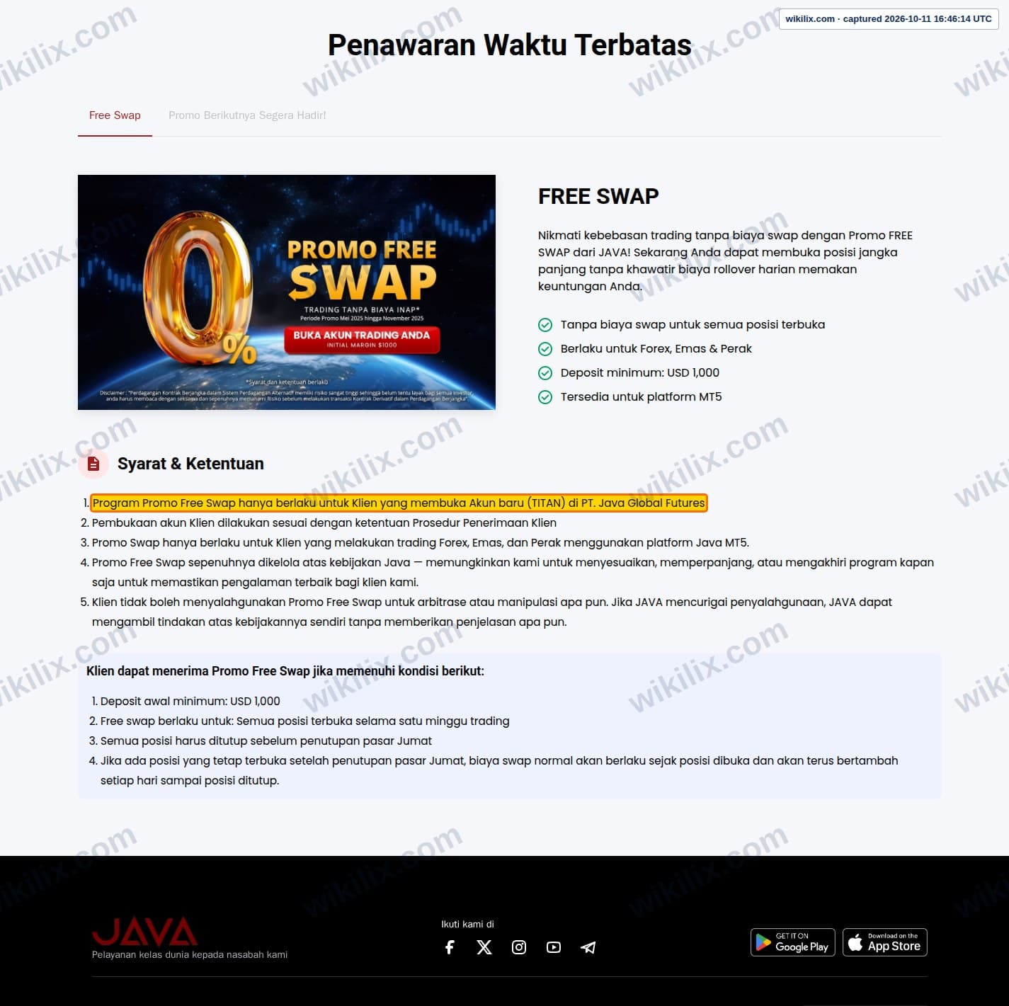 Our full page screenshot of the page this clause sits on, on JAVA's site javafx.co.id, taken on Oct 11, 2026. The quoted words are marked in the image.