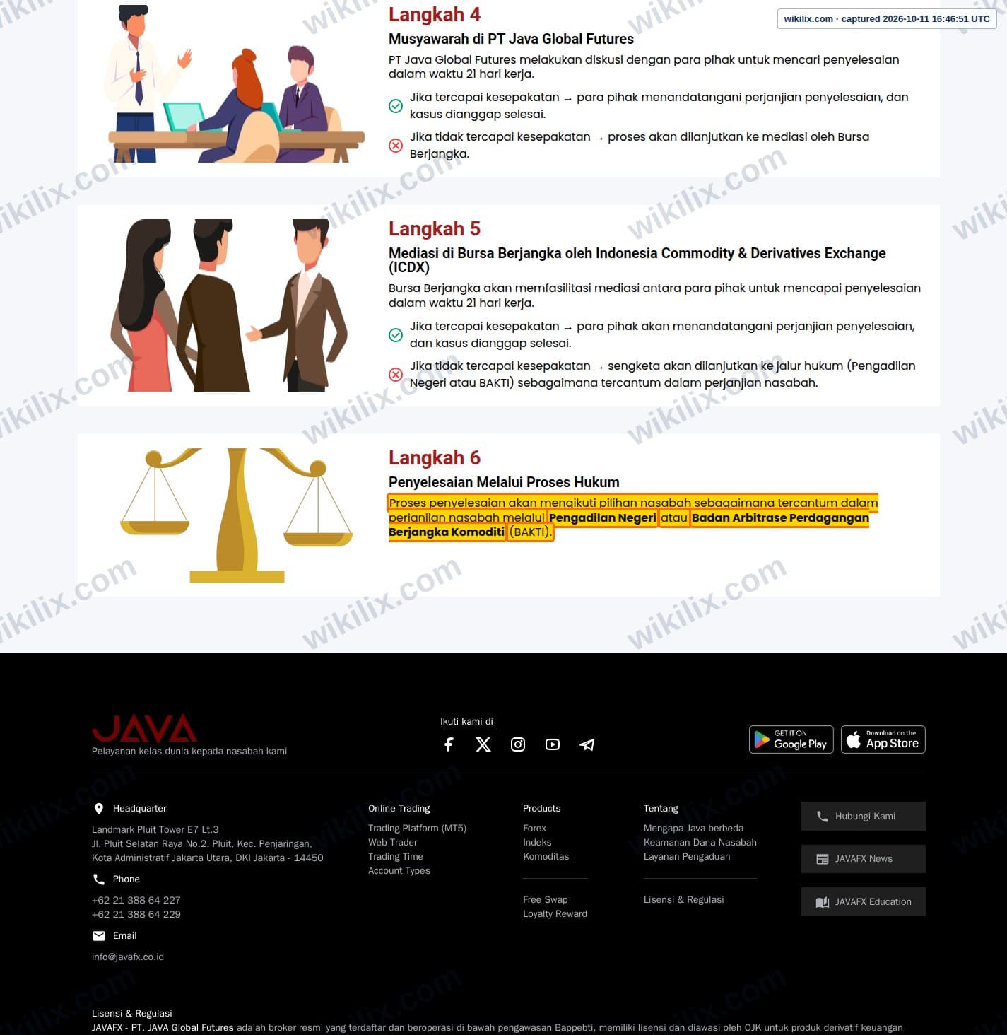 Our full page screenshot of the page this clause sits on, on JAVA's site javafx.co.id, taken on Oct 11, 2026. The quoted words are marked in the image.