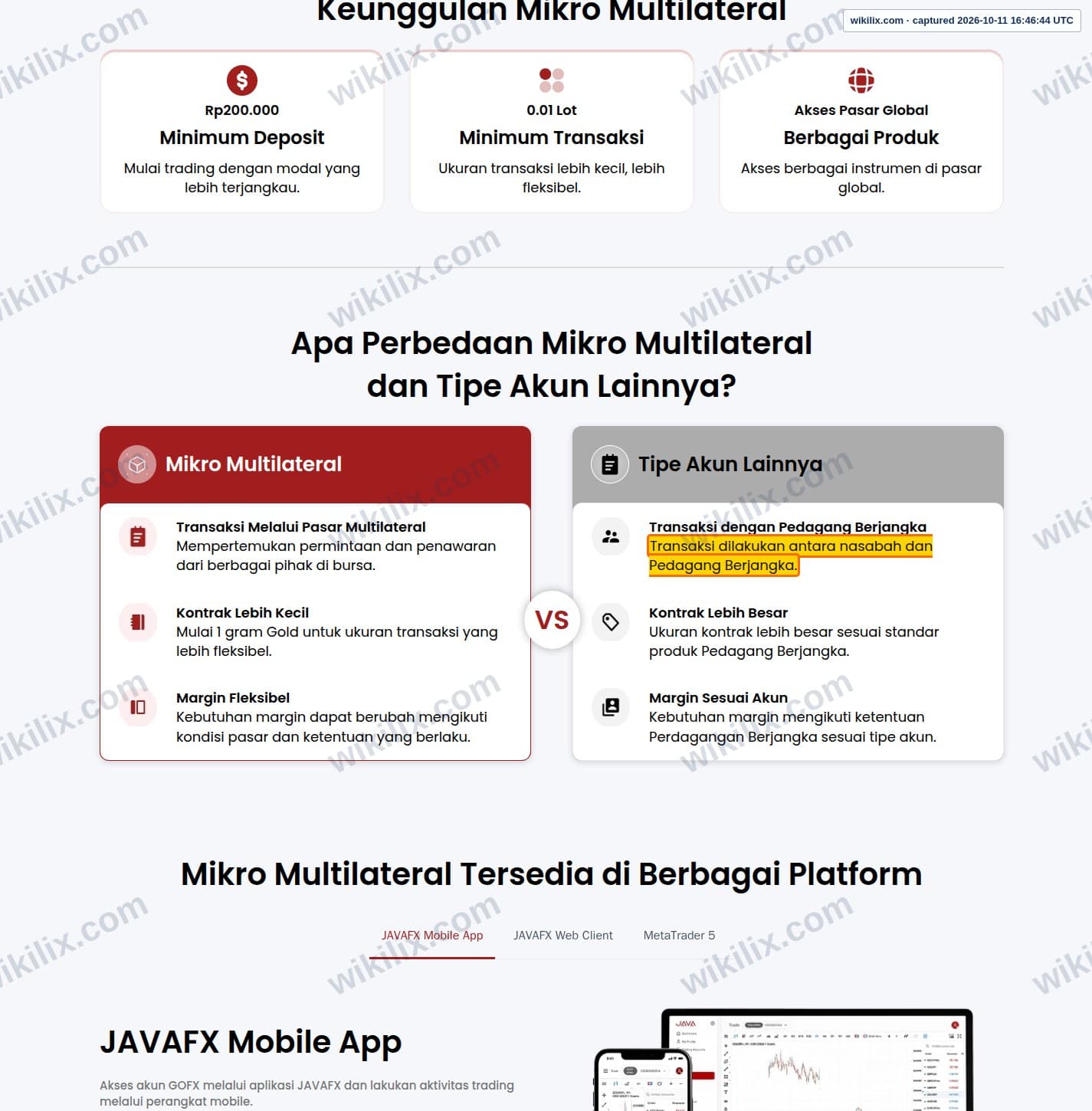 Our full page screenshot of the page this clause sits on, on JAVA's site javafx.co.id, taken on Oct 11, 2026. The quoted words are marked in the image.