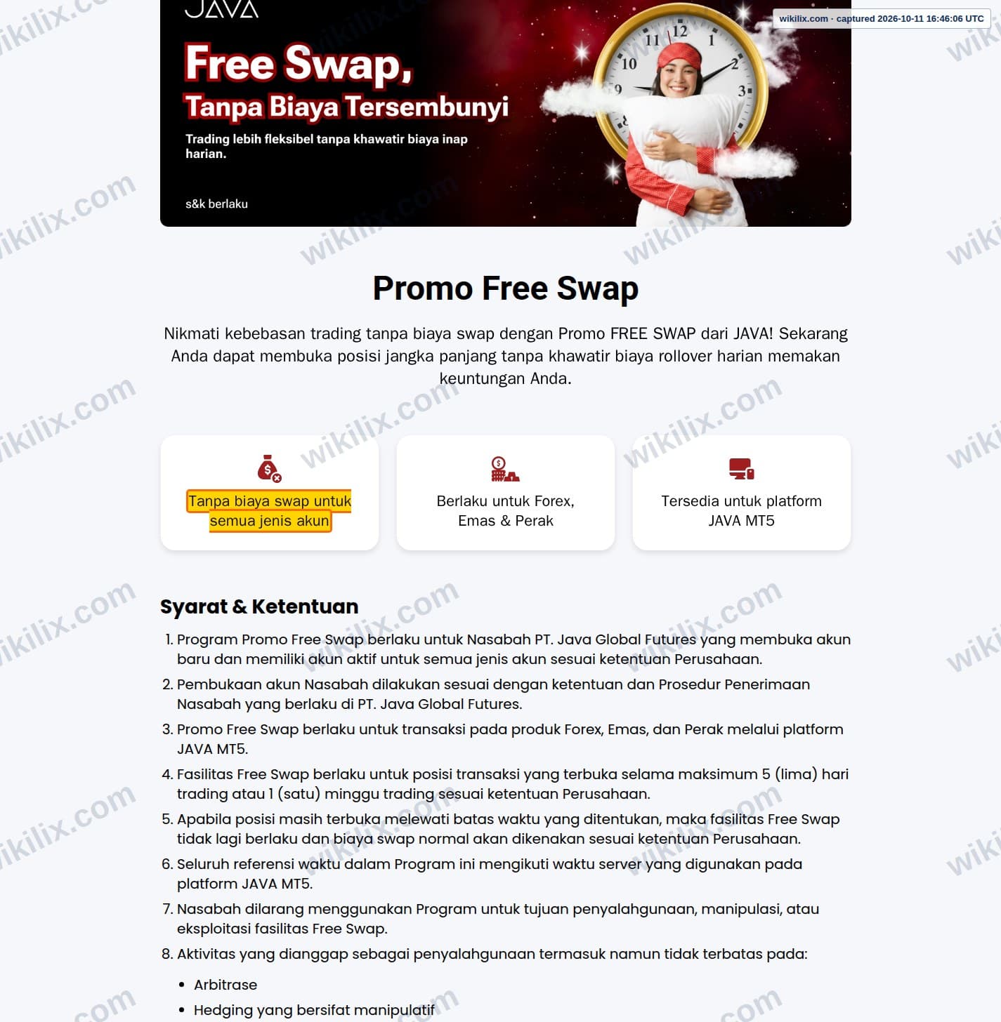 Our full page screenshot of the page that makes this promise, on JAVA's site javafx.co.id, taken on Oct 11, 2026. The quoted words are marked in the image.