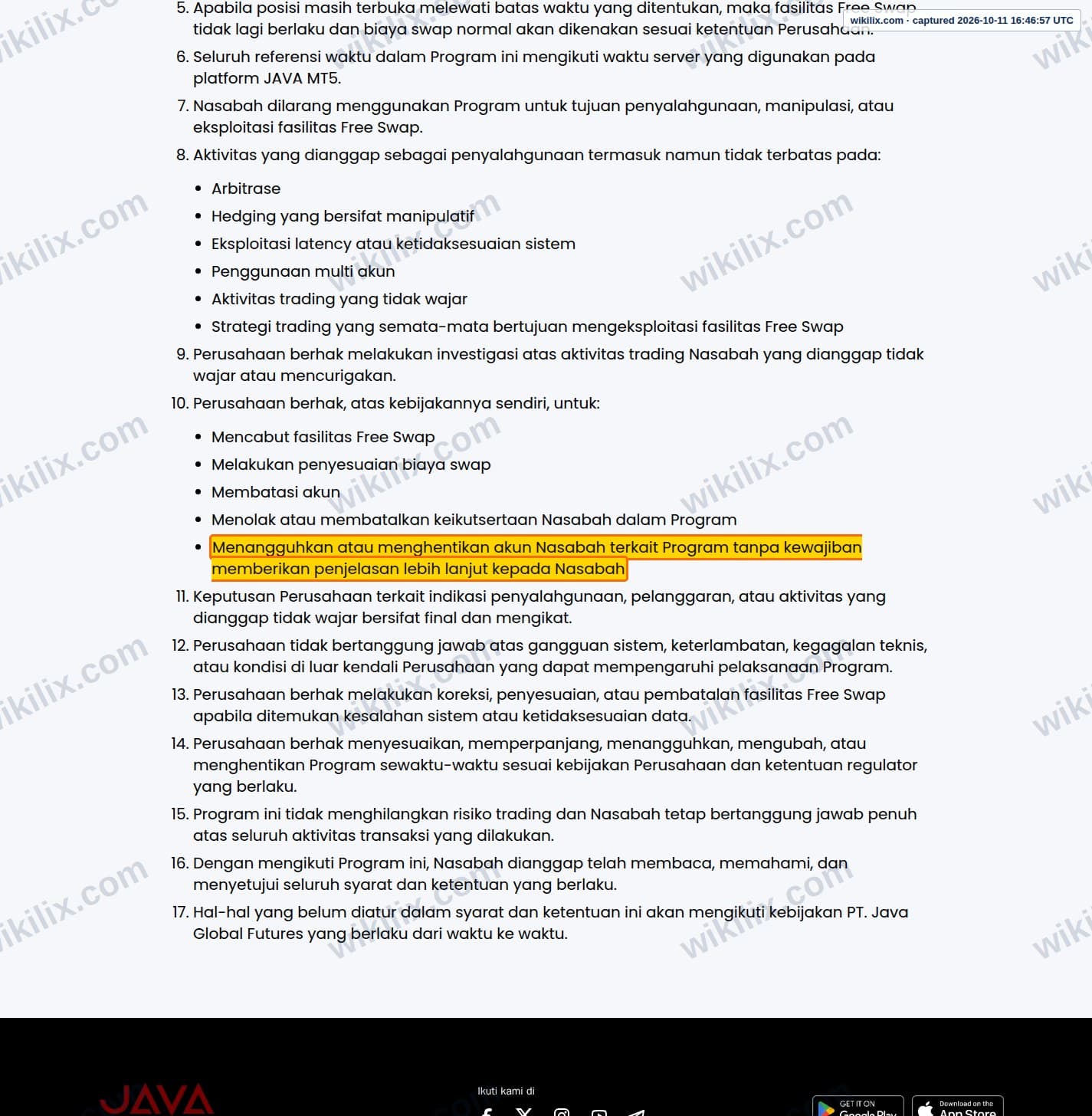 Our full page screenshot of the page this clause sits on, on JAVA's site javafx.co.id, taken on Oct 11, 2026. The quoted words are marked in the image.