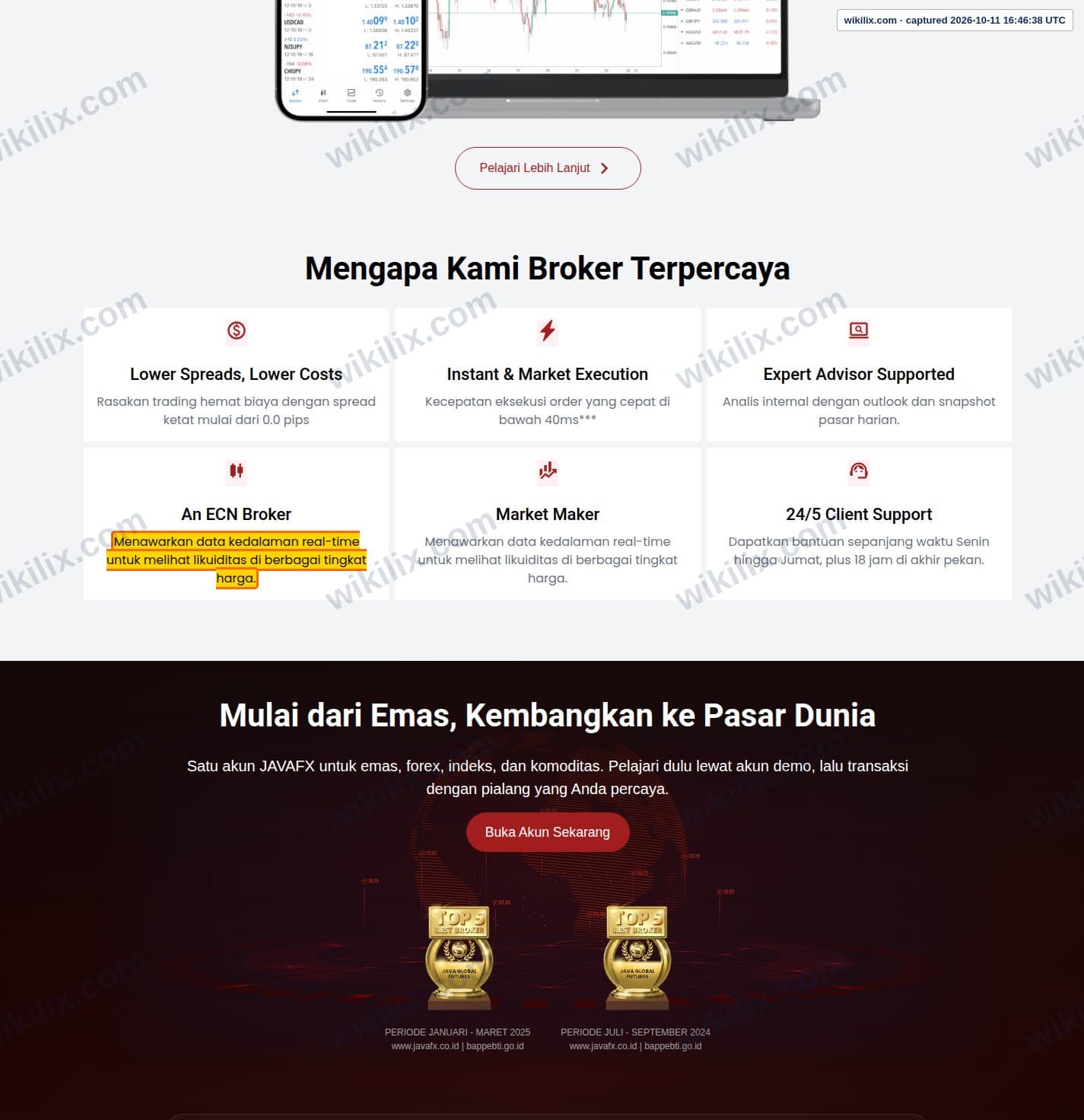 Our full page screenshot of the page that makes this promise, on JAVA's site javafx.co.id, taken on Oct 11, 2026. The quoted words are marked in the image.