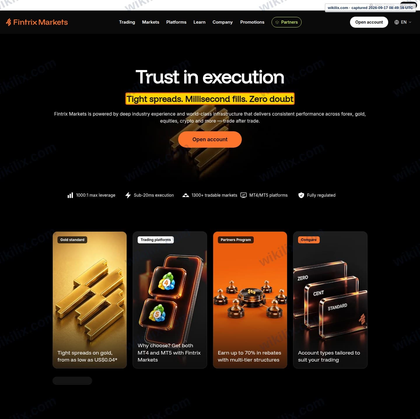 Our full page screenshot of the page that makes this promise, on Aksys Global Markets's site fintrixmarkets.com, taken on Sep 17, 2026. The quoted words are marked in the image.