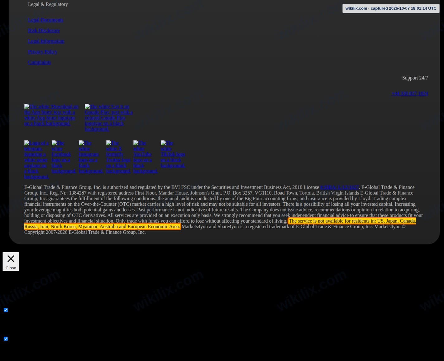 Our full page screenshot of the page this clause sits on, on Markets4you's site markets4you.com, taken on Oct 7, 2026. The quoted words are marked in the image.