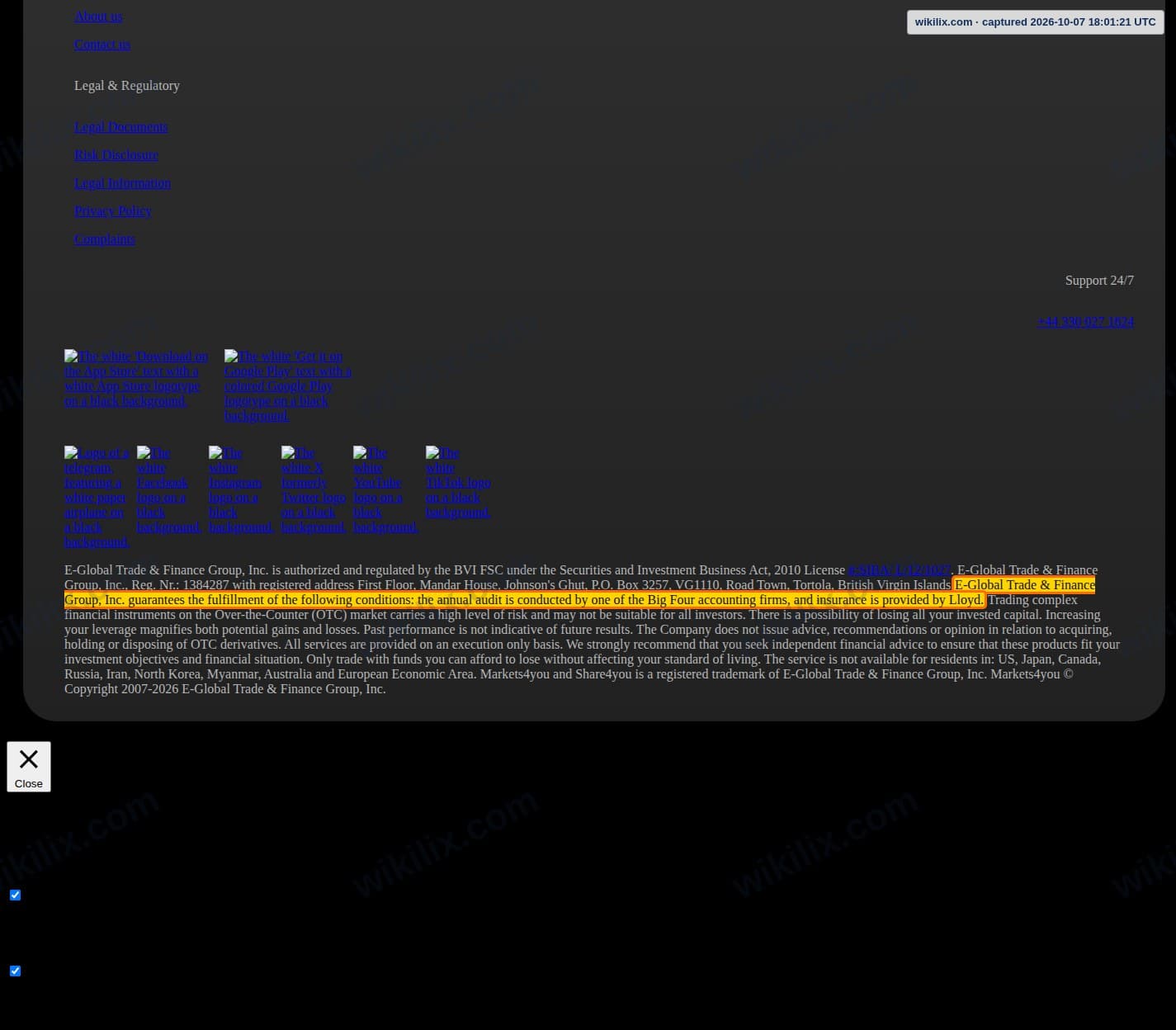 Our full page screenshot of the page this clause sits on, on Markets4you's site markets4you.com, taken on Oct 7, 2026. The quoted words are marked in the image.