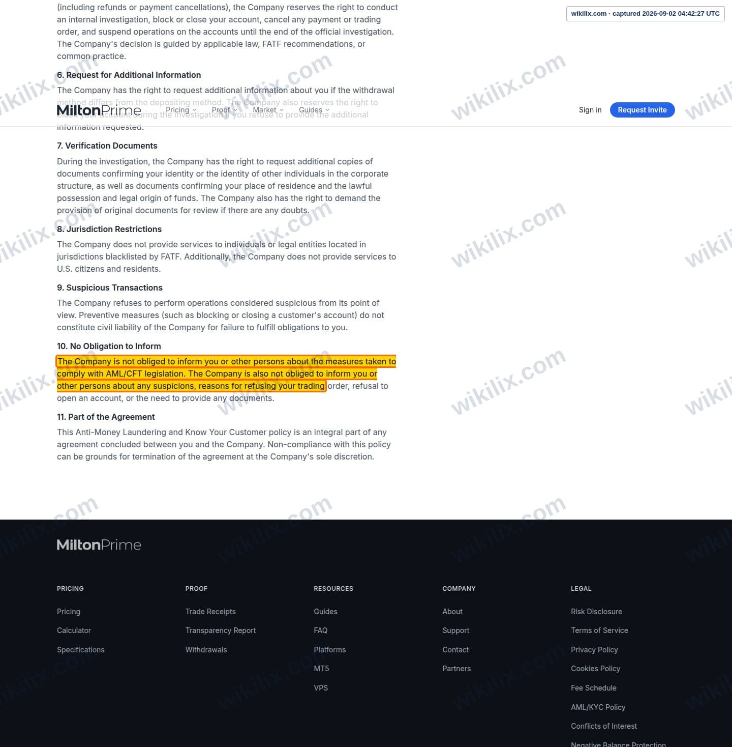 Our full page screenshot of the page this clause sits on, on Milton Prime's site miltonprime.com, taken on Sep 2, 2026. The quoted words are marked in the image.