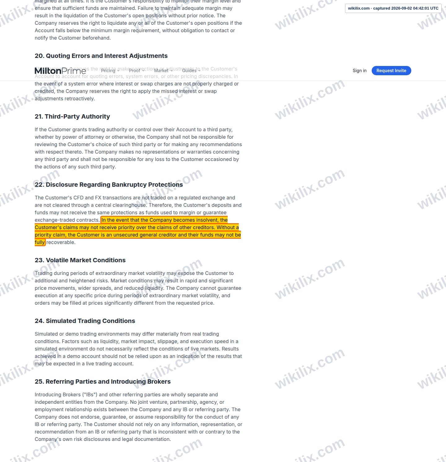Our full page screenshot of the page this clause sits on, on Milton Prime's site miltonprime.com, taken on Sep 2, 2026. The quoted words are marked in the image.