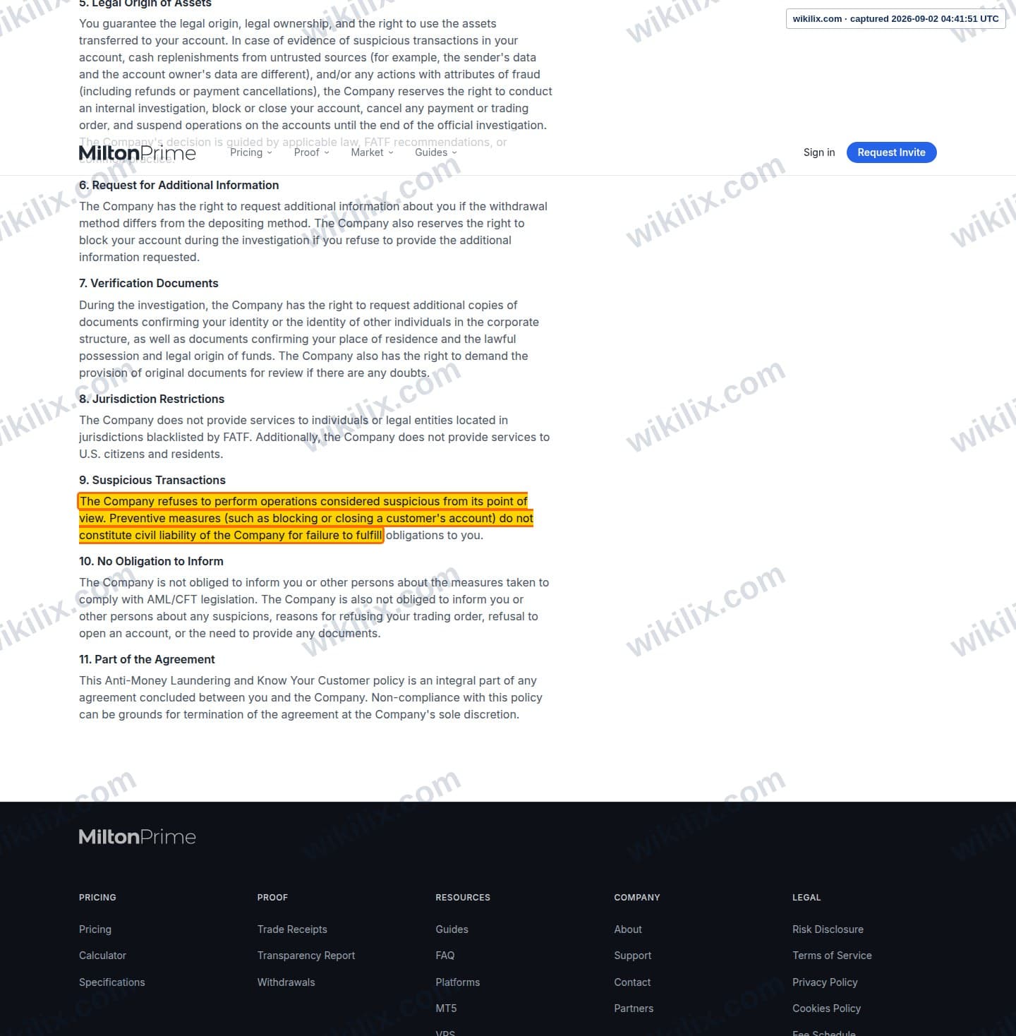 Our full page screenshot of the page this clause sits on, on Milton Prime's site miltonprime.com, taken on Sep 2, 2026. The quoted words are marked in the image.
