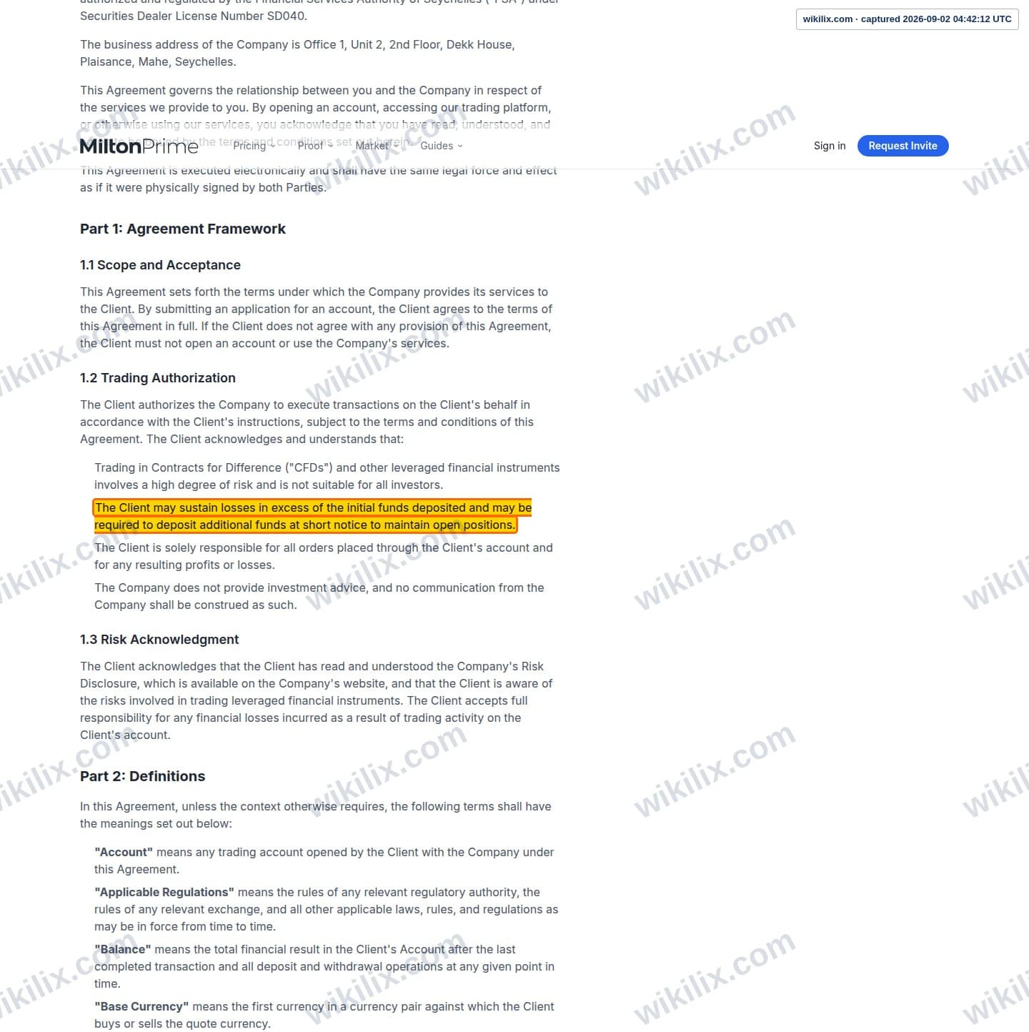 Our full page screenshot of the page this clause sits on, on Milton Prime's site miltonprime.com, taken on Sep 2, 2026. The quoted words are marked in the image.