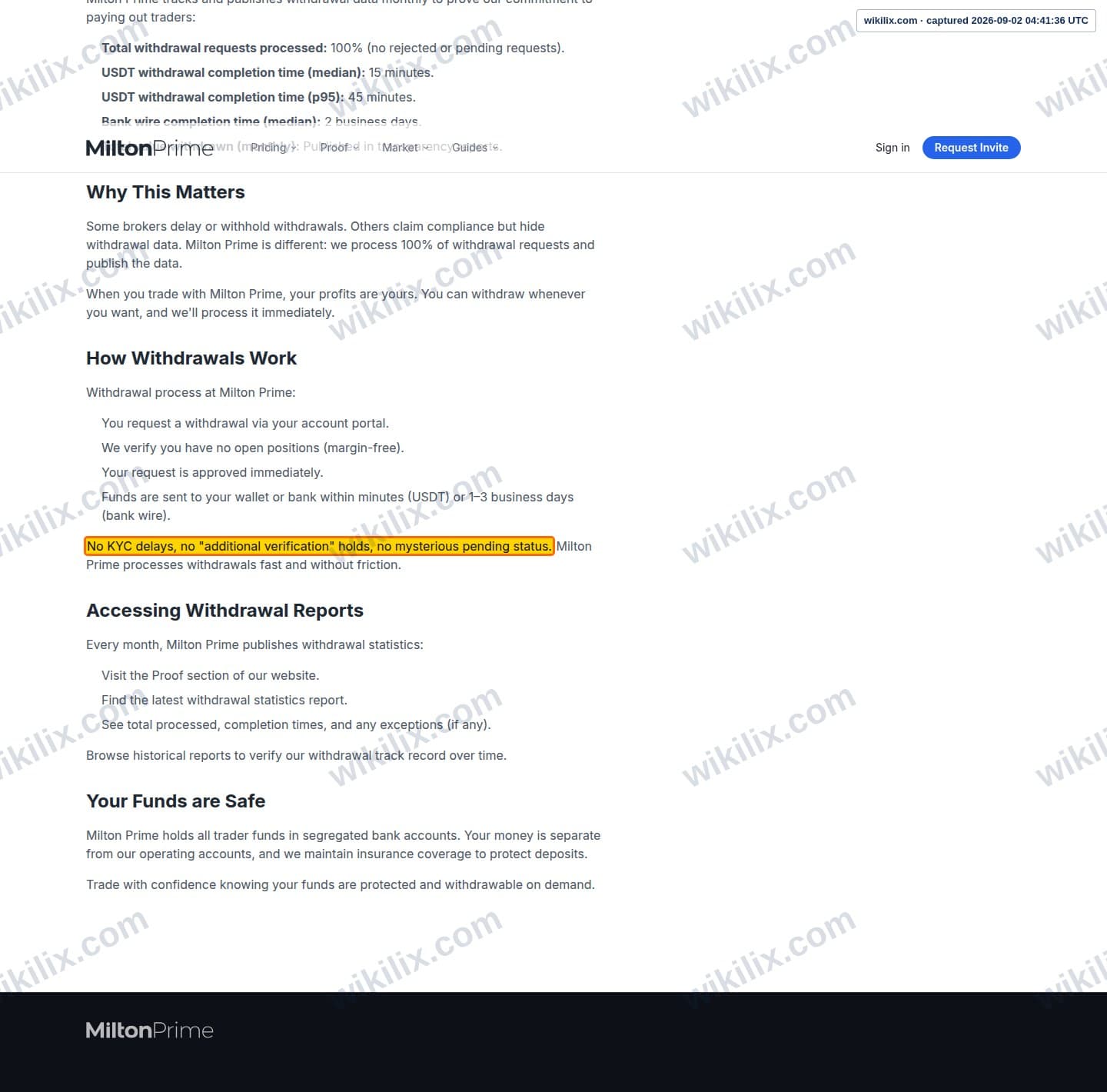 Our full page screenshot of the page that makes this promise, on Milton Prime's site miltonprime.com, taken on Sep 2, 2026. The quoted words are marked in the image.