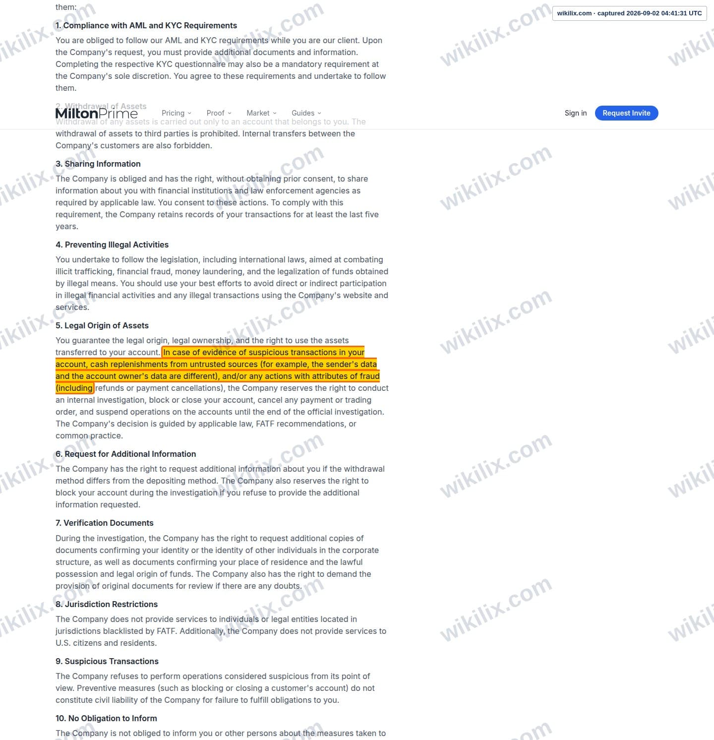Our full page screenshot of the page this clause sits on, on Milton Prime's site miltonprime.com, taken on Sep 2, 2026. The quoted words are marked in the image.