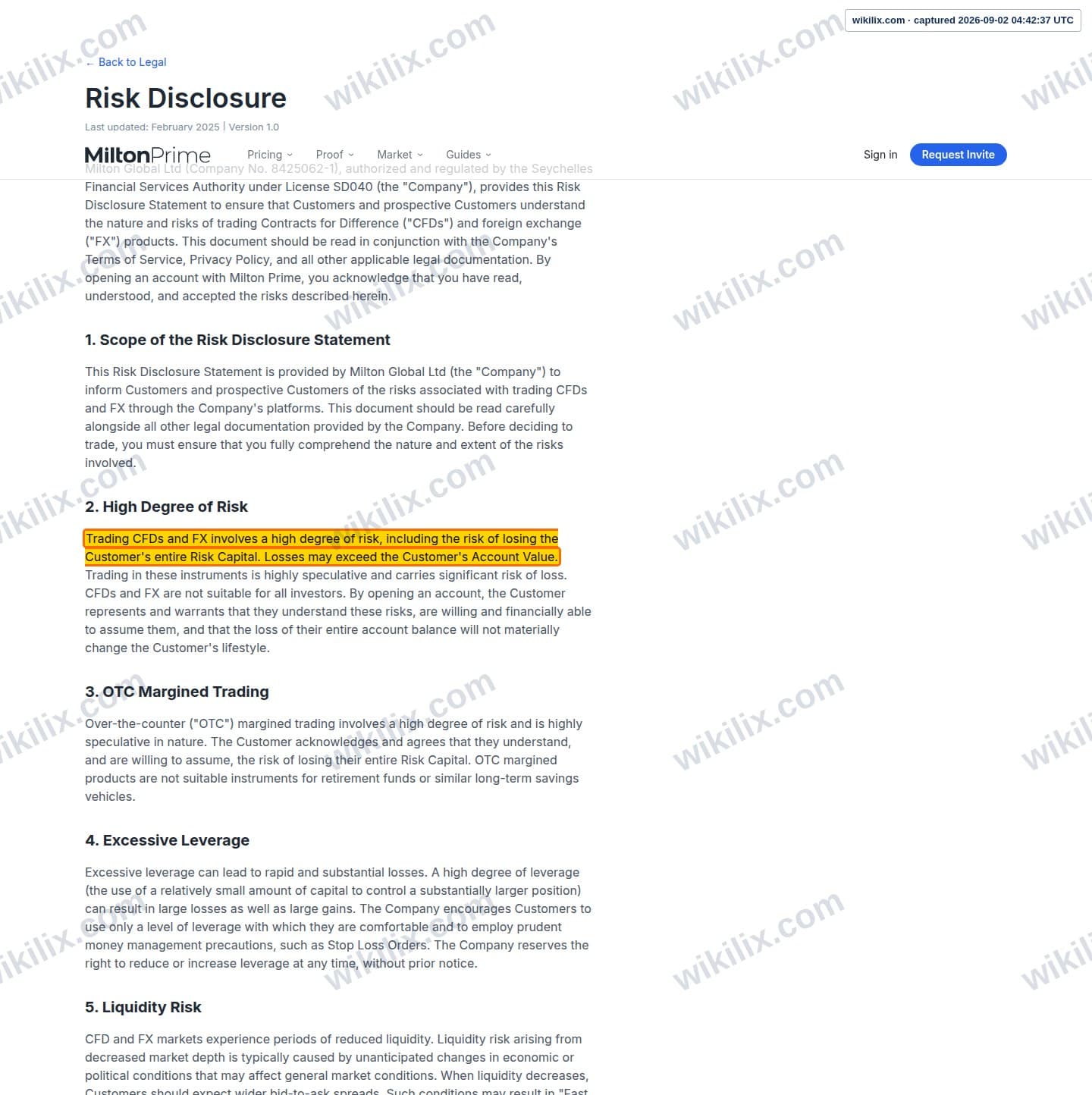 Our full page screenshot of the page this clause sits on, on Milton Prime's site miltonprime.com, taken on Sep 2, 2026. The quoted words are marked in the image.
