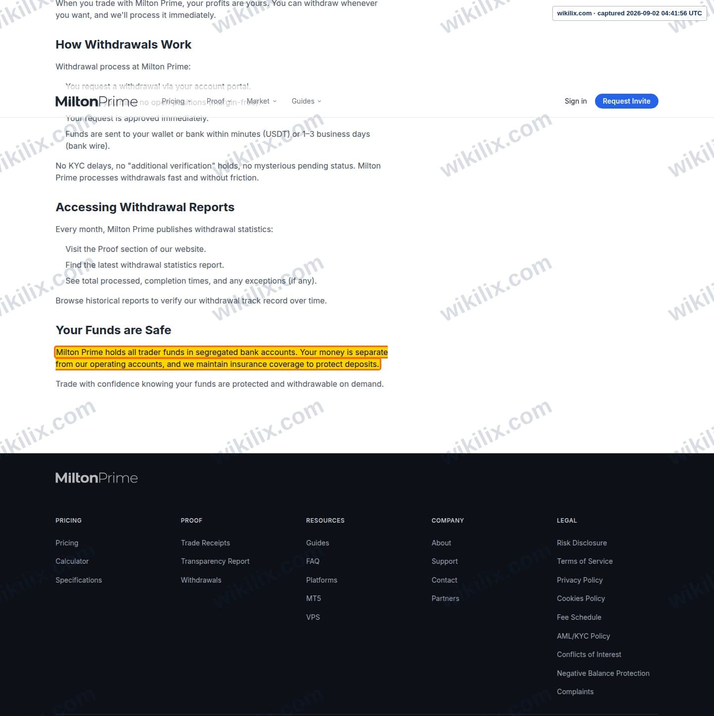Our full page screenshot of the page that makes this promise, on Milton Prime's site miltonprime.com, taken on Sep 2, 2026. The quoted words are marked in the image.