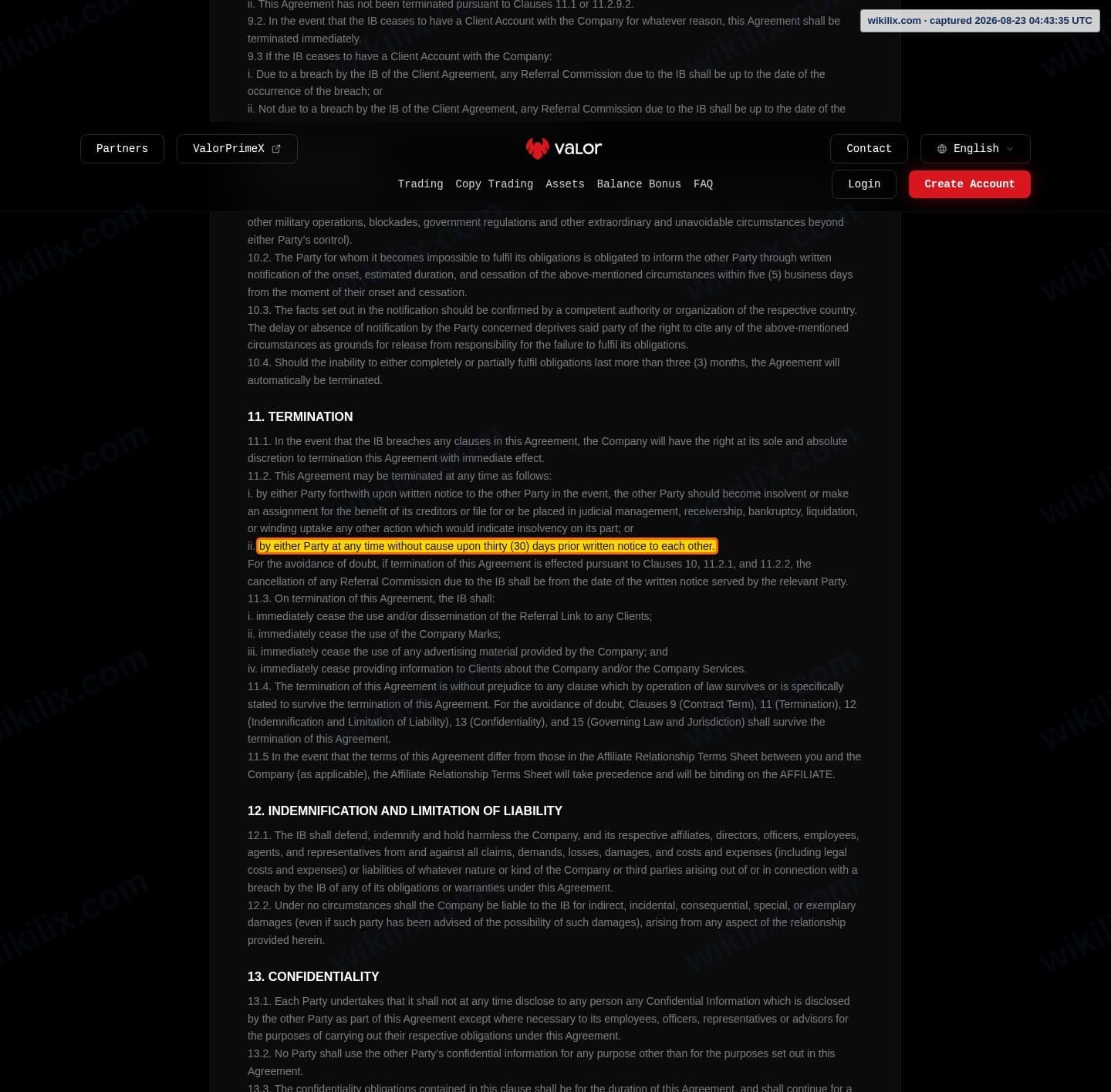 Our full page screenshot of the page this clause sits on, on Valor's site valormarkets.com, taken on Aug 23, 2026. The quoted words are marked in the image.