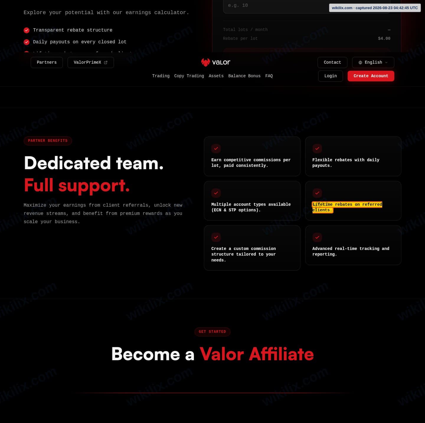Our full page screenshot of the page that makes this promise, on Valor's site valormarkets.com, taken on Aug 23, 2026. The quoted words are marked in the image.