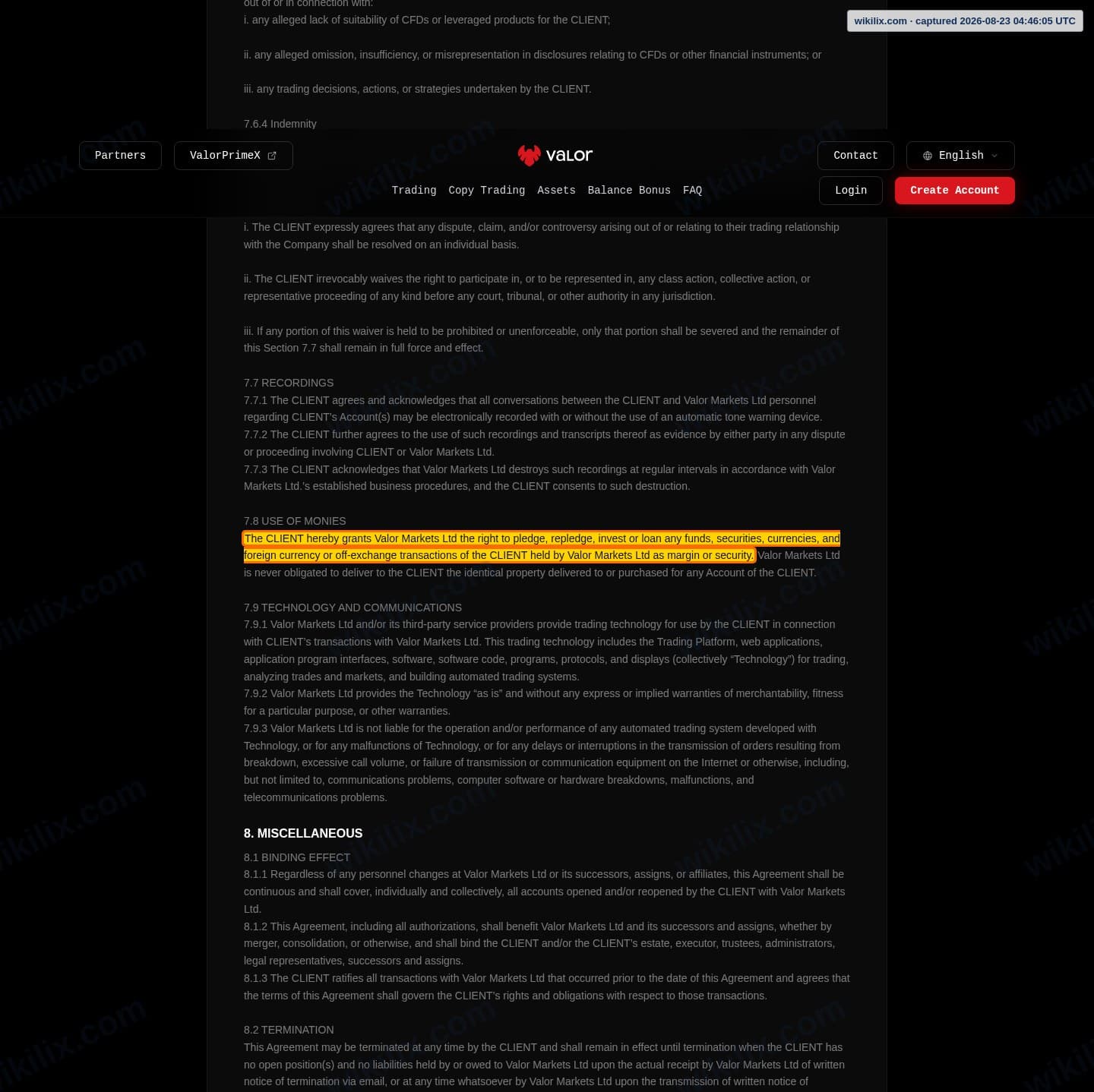 Our full page screenshot of the page this clause sits on, on Valor's site valormarkets.com, taken on Aug 23, 2026. The quoted words are marked in the image.