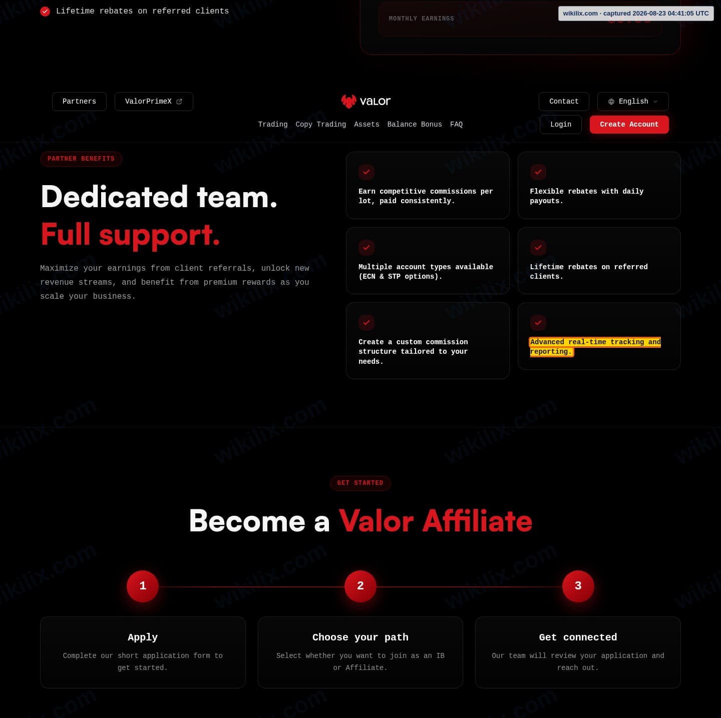 Our full page screenshot of the page that makes this promise, on Valor's site valormarkets.com, taken on Aug 23, 2026. The quoted words are marked in the image.