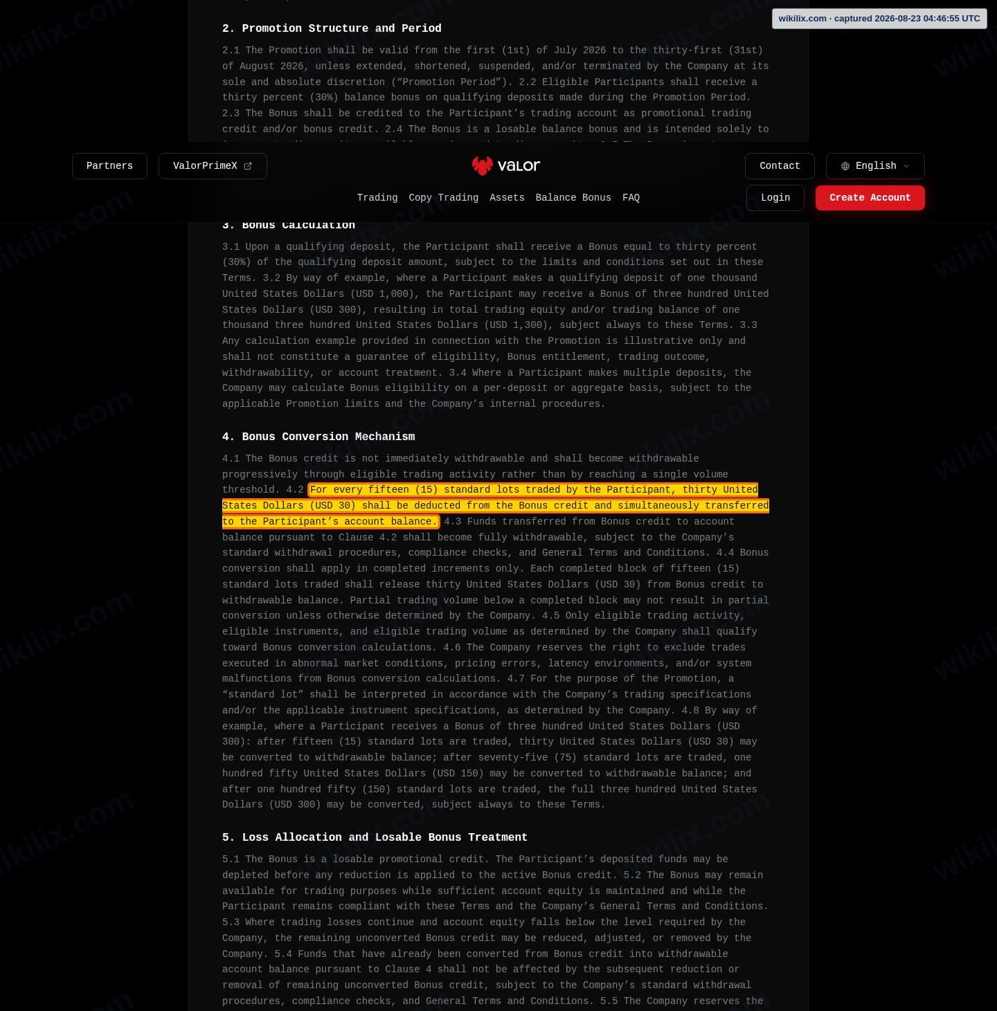 Our full page screenshot of the page this clause sits on, on Valor's site valormarkets.com, taken on Aug 23, 2026. The quoted words are marked in the image.