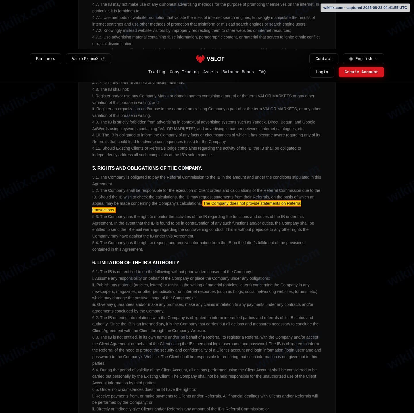Our full page screenshot of the page this clause sits on, on Valor's site valormarkets.com, taken on Aug 23, 2026. The quoted words are marked in the image.