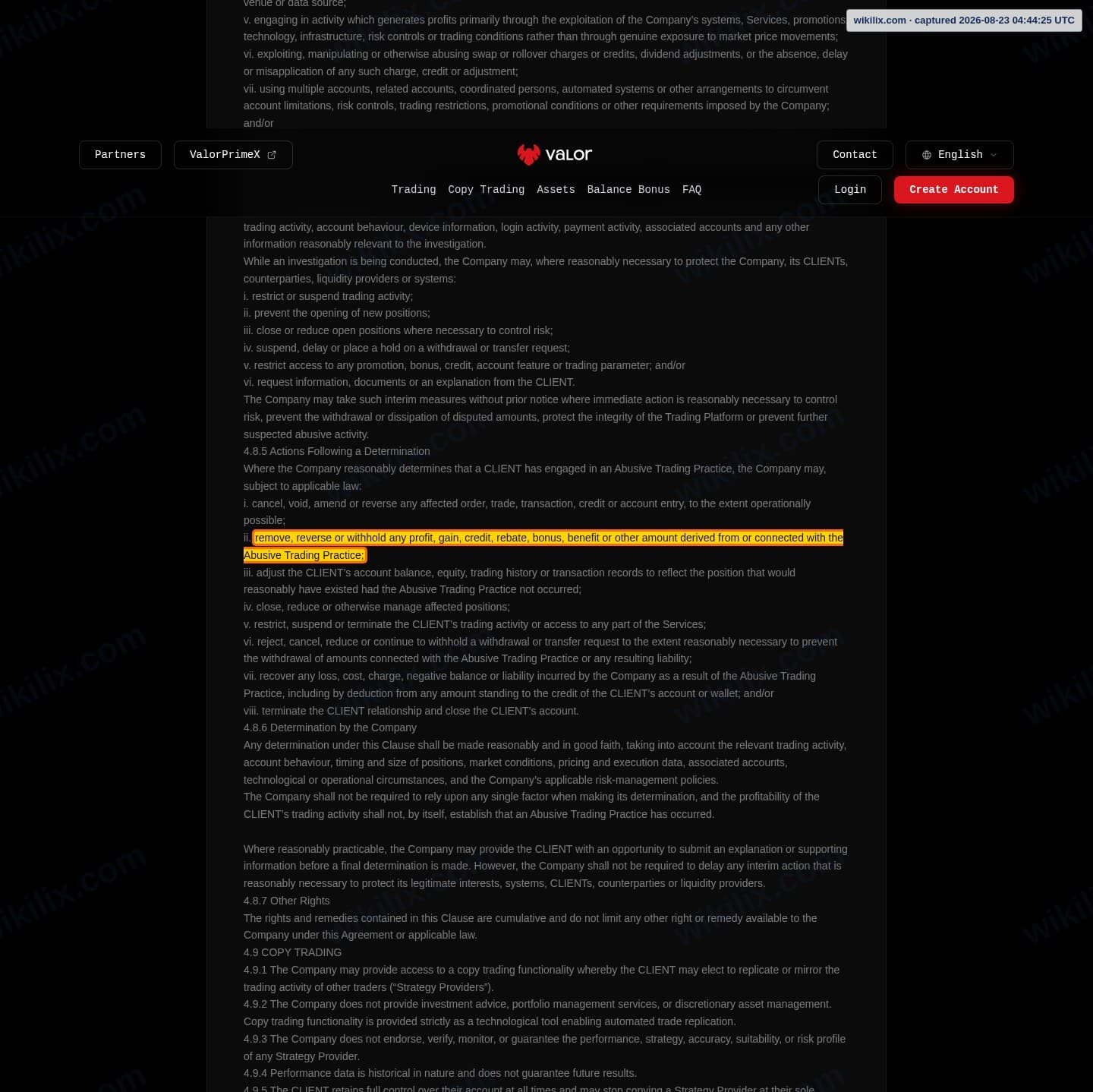 Our full page screenshot of the page this clause sits on, on Valor's site valormarkets.com, taken on Aug 23, 2026. The quoted words are marked in the image.