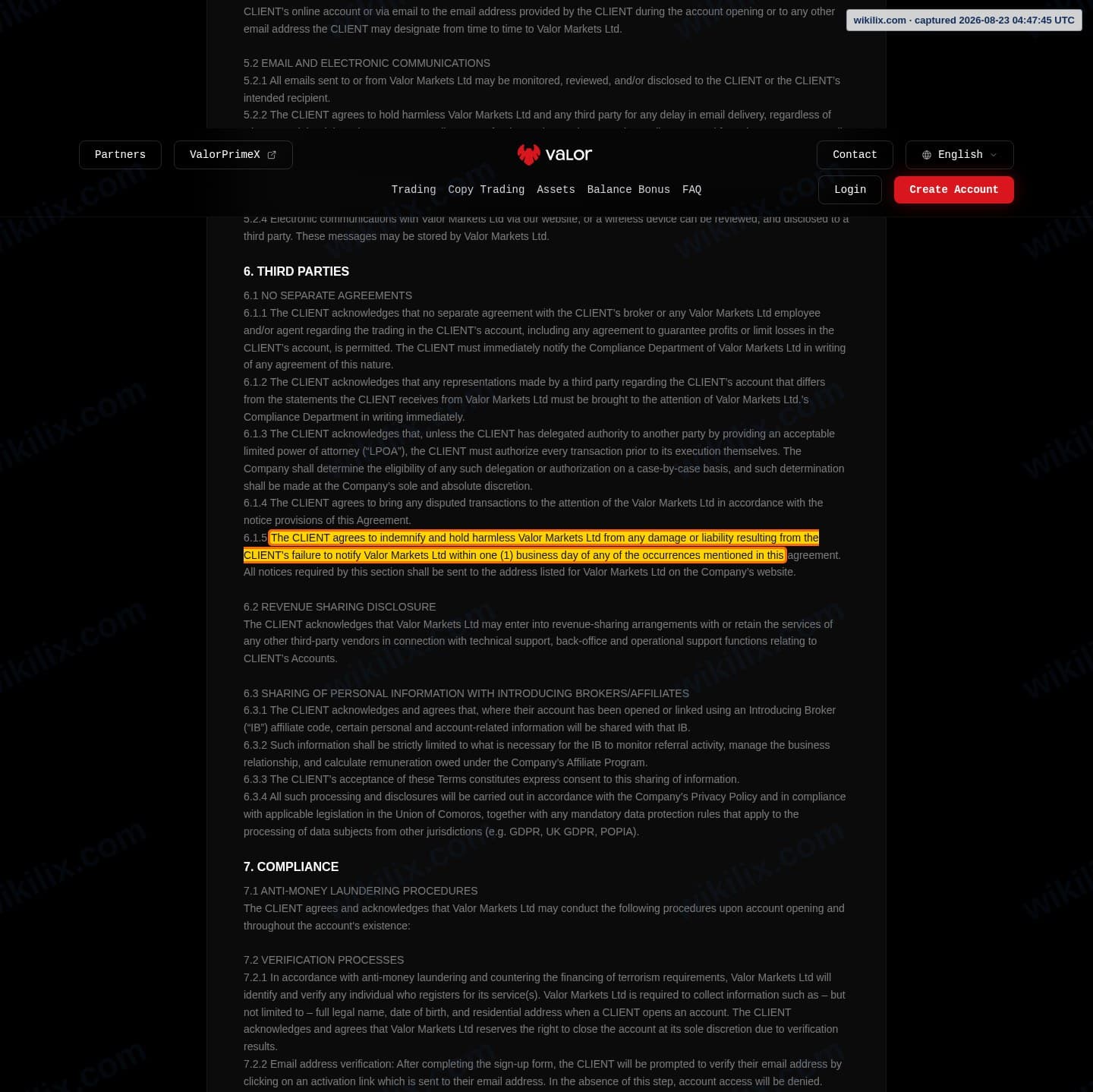 Our full page screenshot of the page this clause sits on, on Valor's site valormarkets.com, taken on Aug 23, 2026. The quoted words are marked in the image.