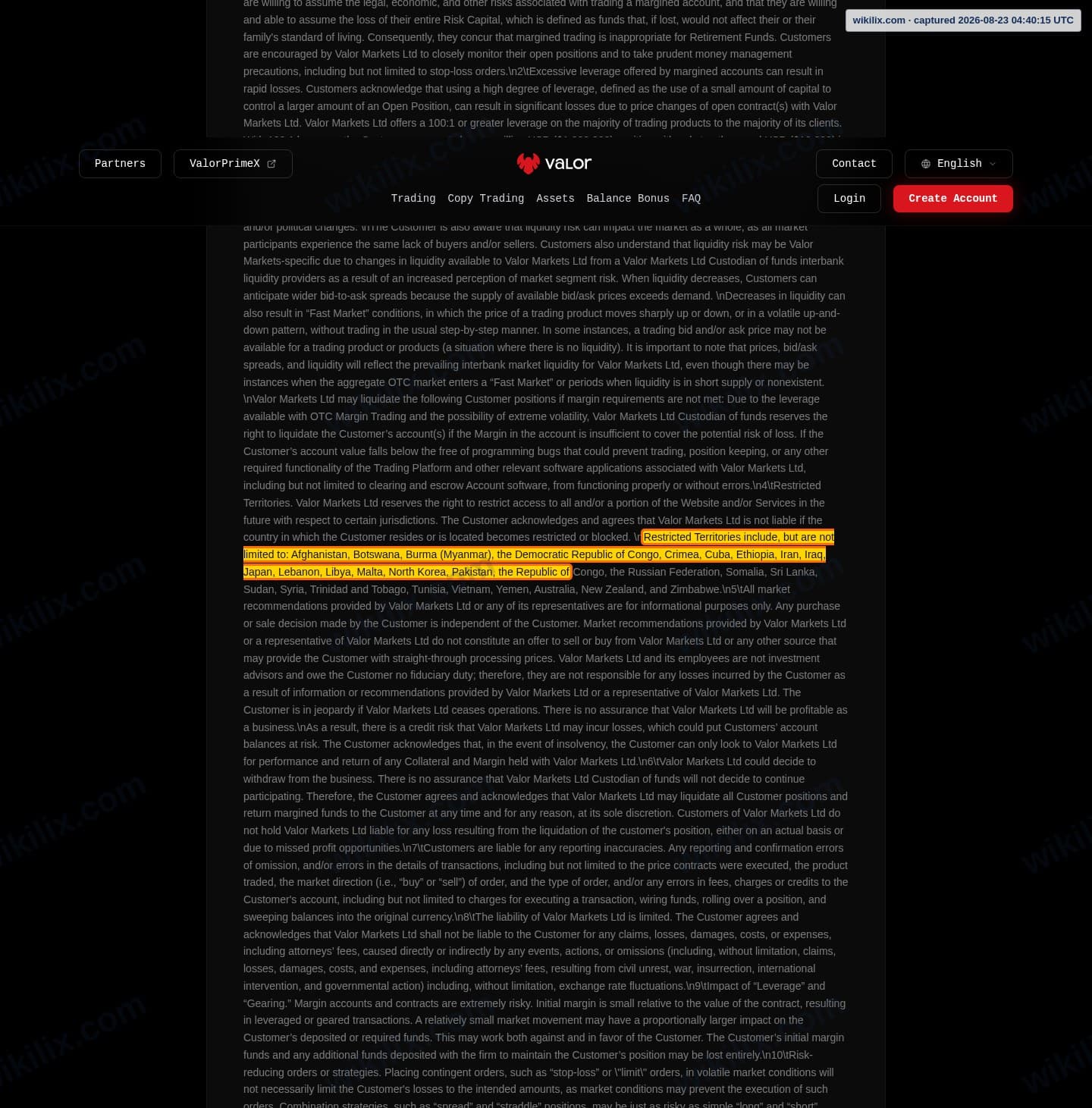 Our full page screenshot of the page this clause sits on, on Valor's site valormarkets.com, taken on Aug 23, 2026. The quoted words are marked in the image.