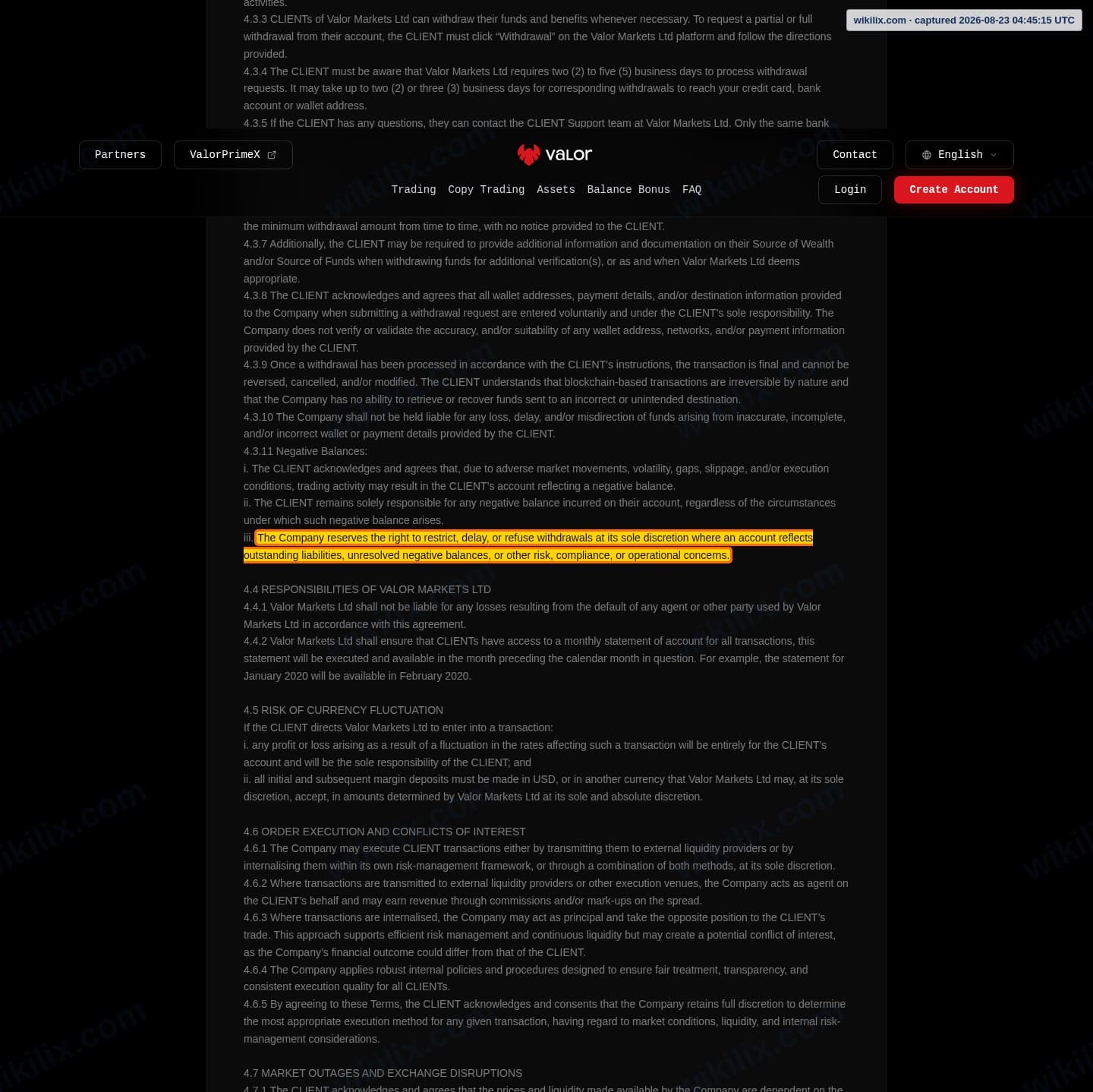Our full page screenshot of the page this clause sits on, on Valor's site valormarkets.com, taken on Aug 23, 2026. The quoted words are marked in the image.