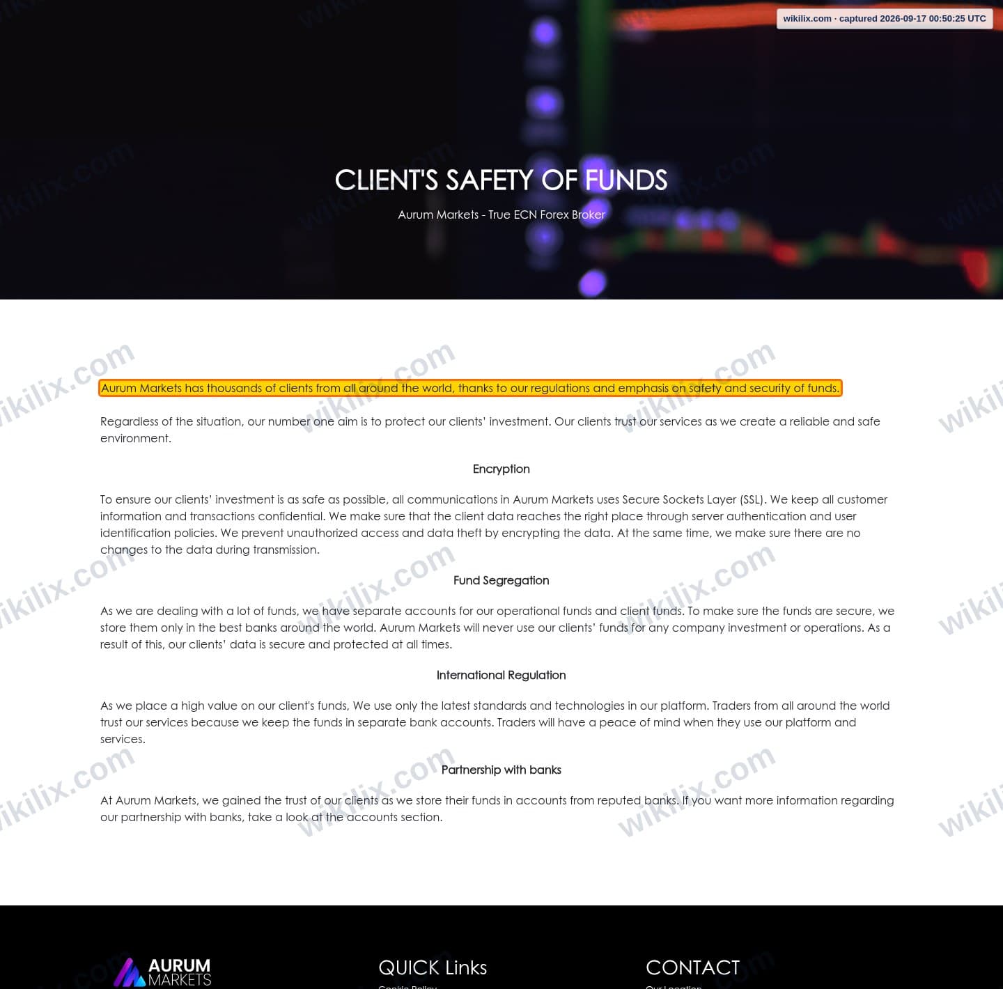 Our full page screenshot of the page that makes this promise, on Aurum Markets's site aurummarkets.com, taken on Sep 17, 2026. The quoted words are marked in the image.