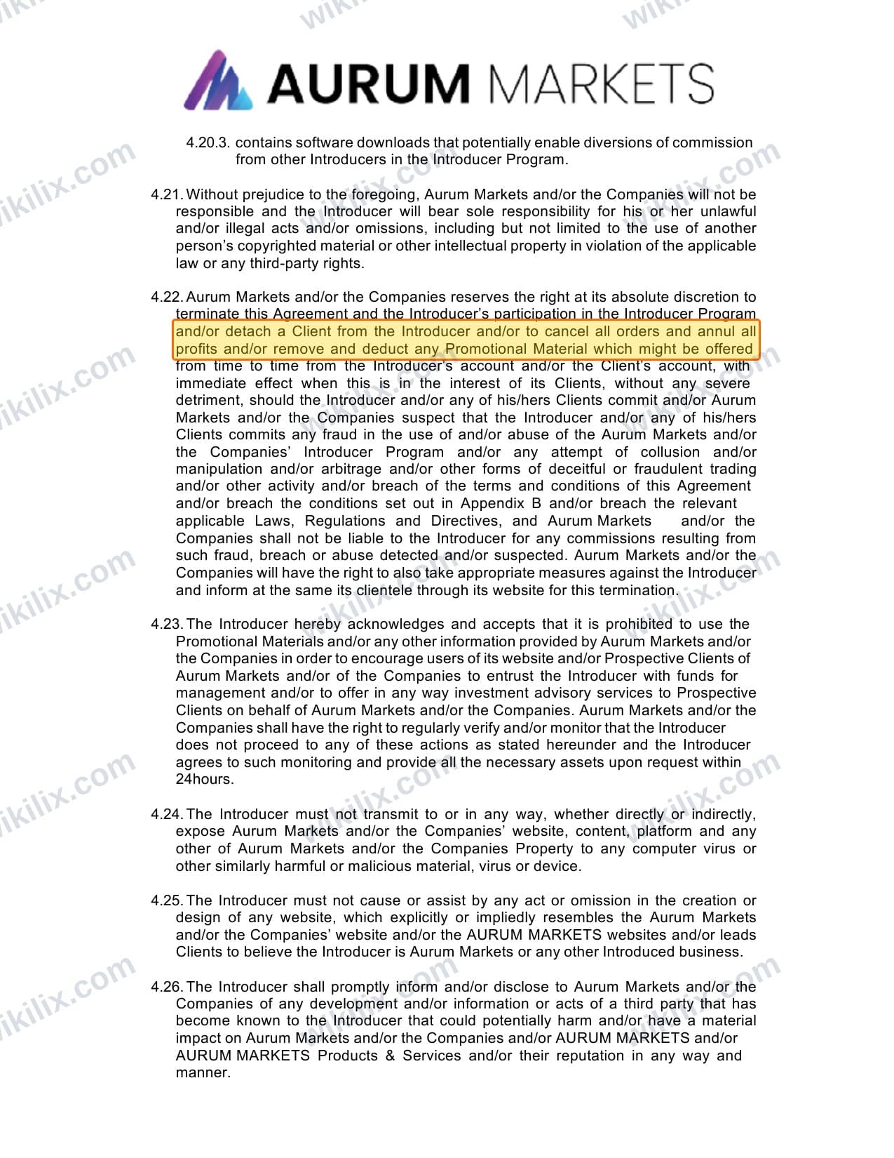 Our full page screenshot of the page this clause sits on, on Aurum Markets's site aurummarkets.com, taken on Sep 17, 2026. The quoted words are marked in the image.