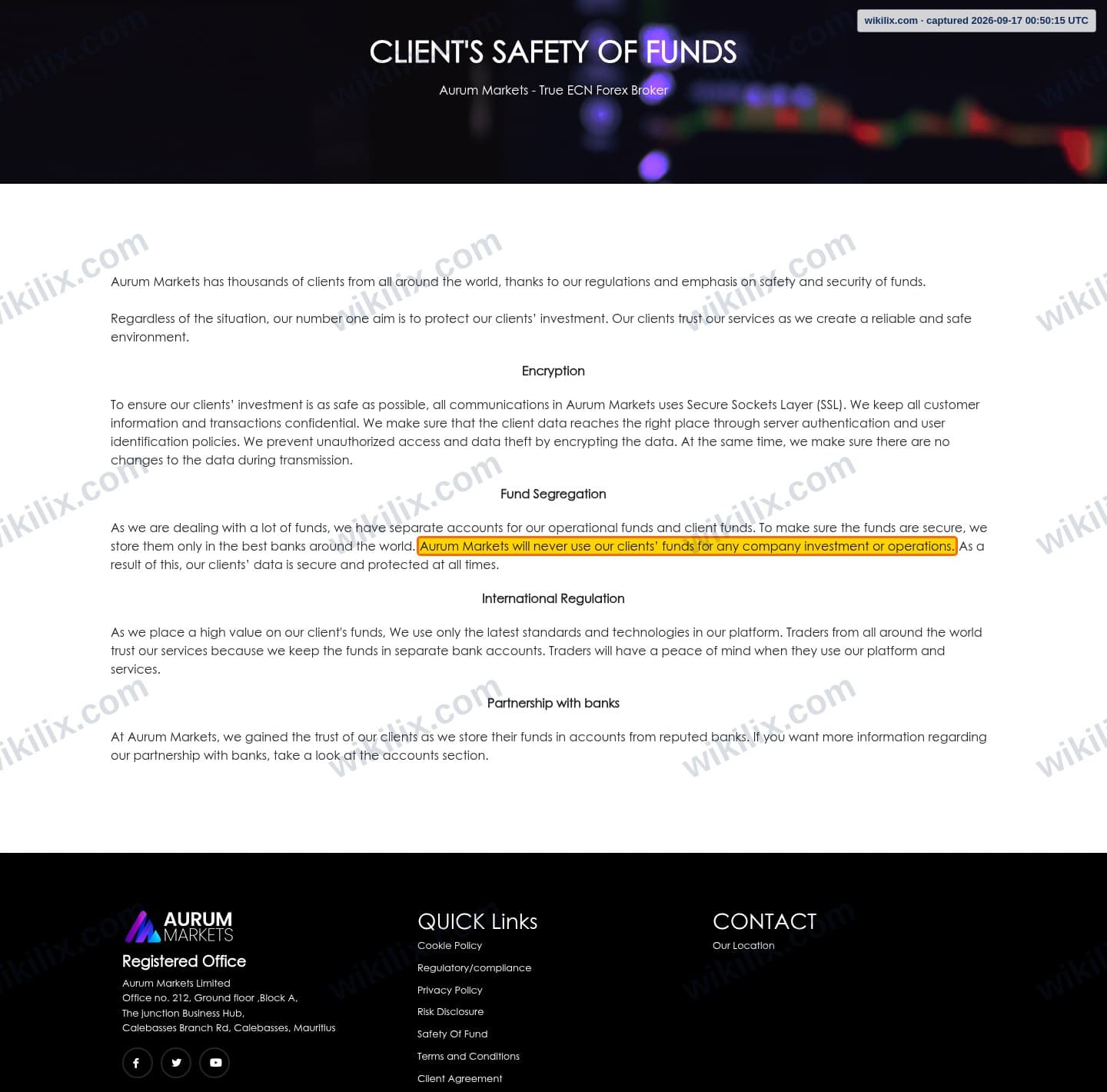 Our full page screenshot of the page that makes this promise, on Aurum Markets's site aurummarkets.com, taken on Sep 17, 2026. The quoted words are marked in the image.