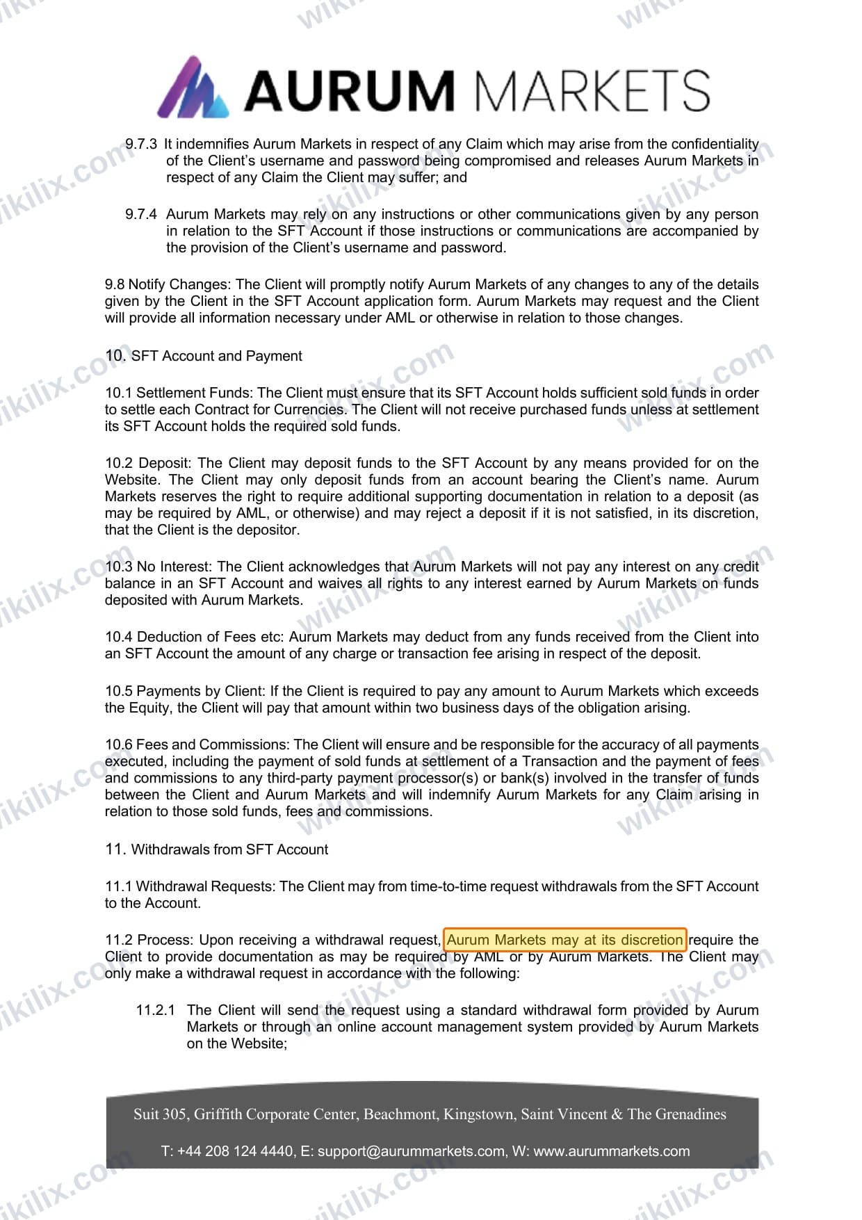 Our full page screenshot of the page this clause sits on, on Aurum Markets's site aurummarkets.com, taken on Sep 17, 2026. The quoted words are marked in the image.