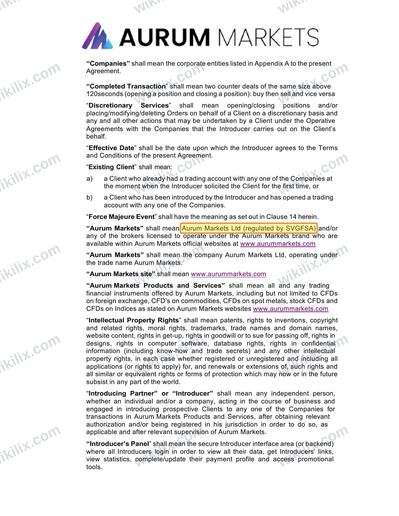 Our full page screenshot of the page this clause sits on, on Aurum Markets's site aurummarkets.com, taken on Sep 17, 2026. The quoted words are marked in the image.