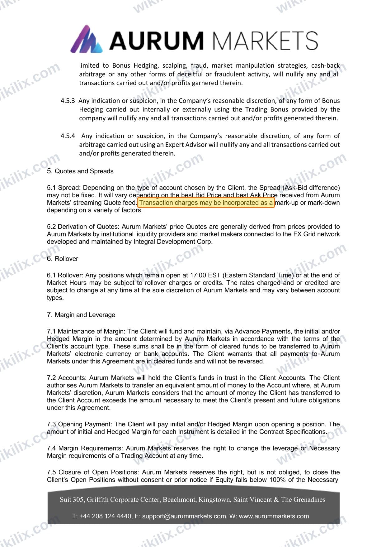 Our full page screenshot of the page this clause sits on, on Aurum Markets's site aurummarkets.com, taken on Sep 17, 2026. The quoted words are marked in the image.