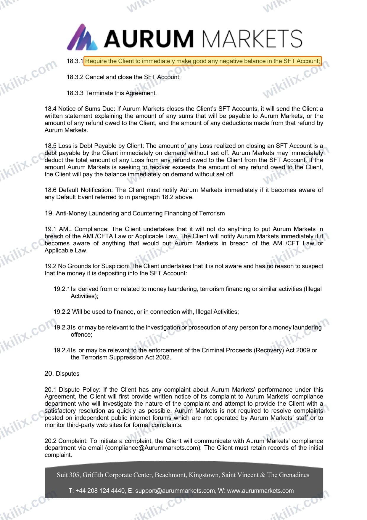 Our full page screenshot of the page this clause sits on, on Aurum Markets's site aurummarkets.com, taken on Sep 17, 2026. The quoted words are marked in the image.