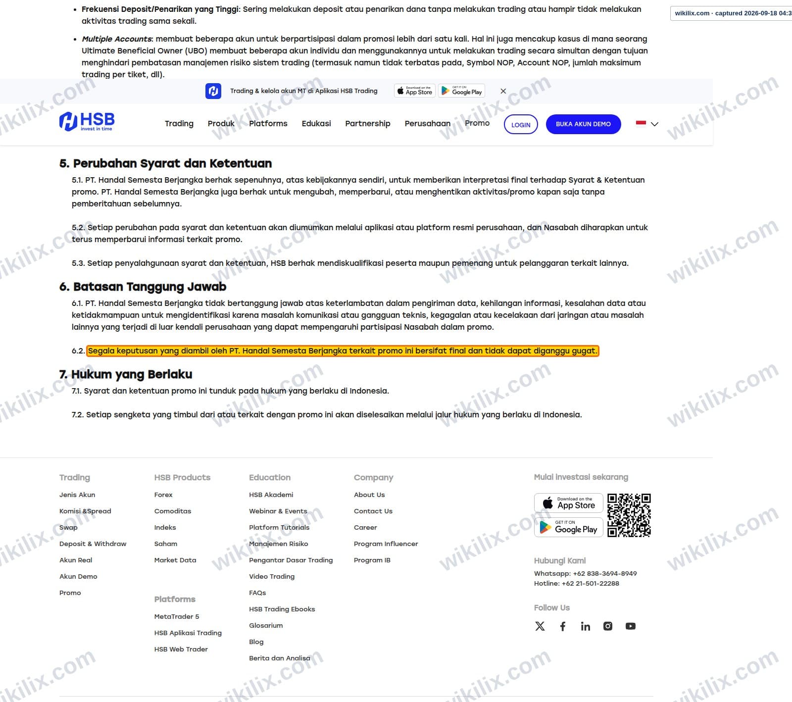 Our full page screenshot of the page this clause sits on, on HSB's site hsb.co.id, taken on Sep 18, 2026. The quoted words are marked in the image.