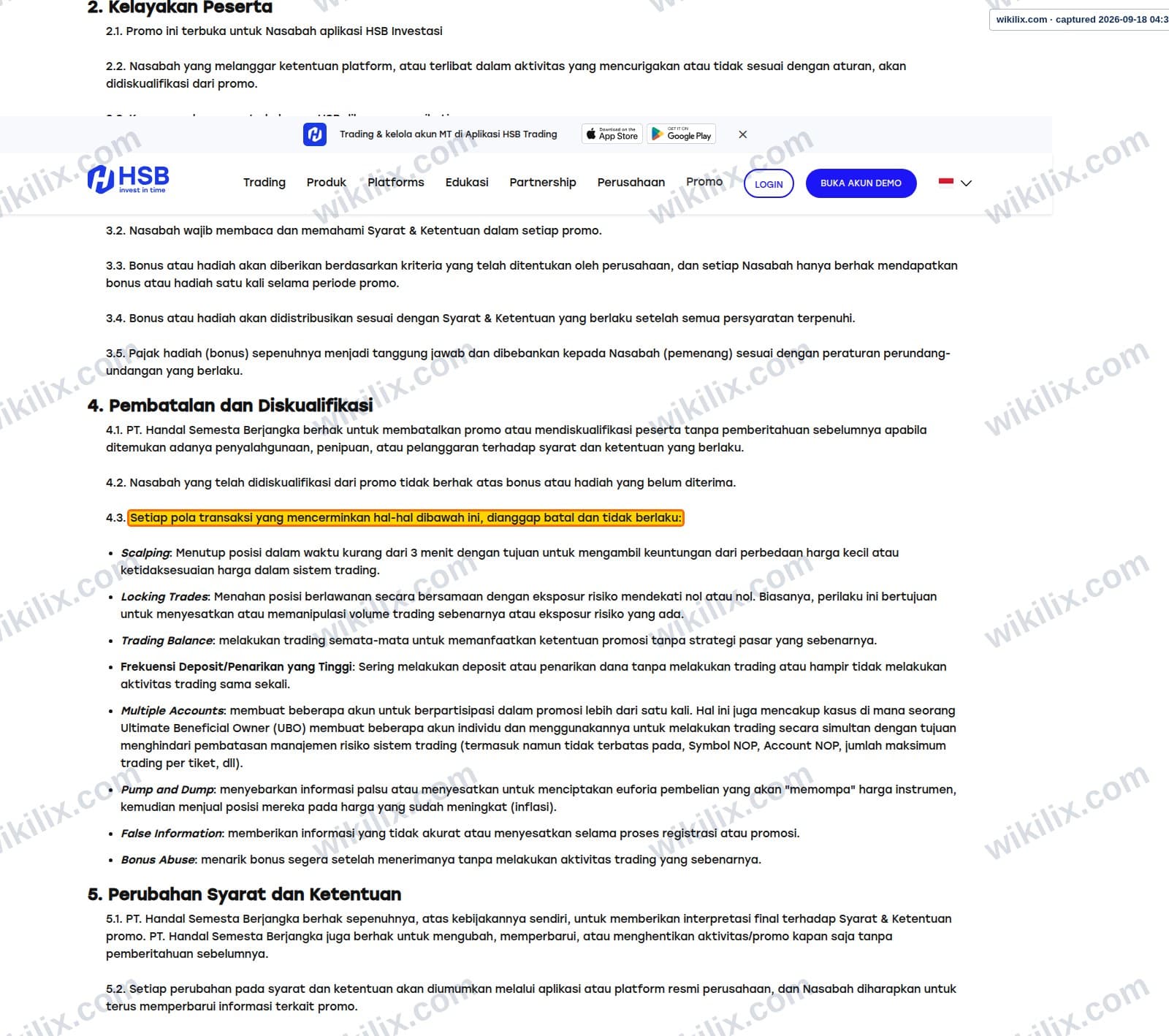 Our full page screenshot of the page this clause sits on, on HSB's site hsb.co.id, taken on Sep 18, 2026. The quoted words are marked in the image.