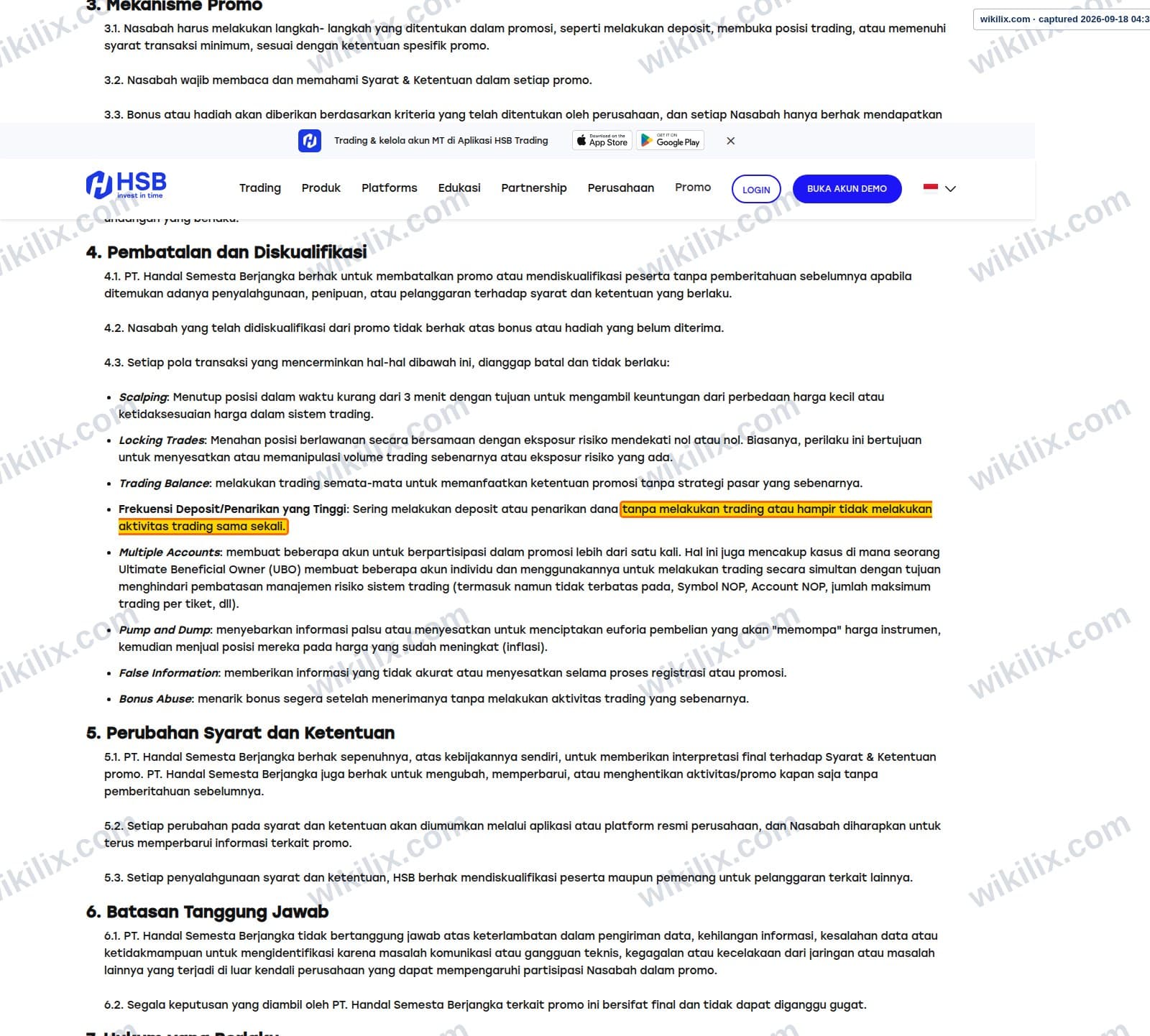 Our full page screenshot of the page this clause sits on, on HSB's site hsb.co.id, taken on Sep 18, 2026. The quoted words are marked in the image.