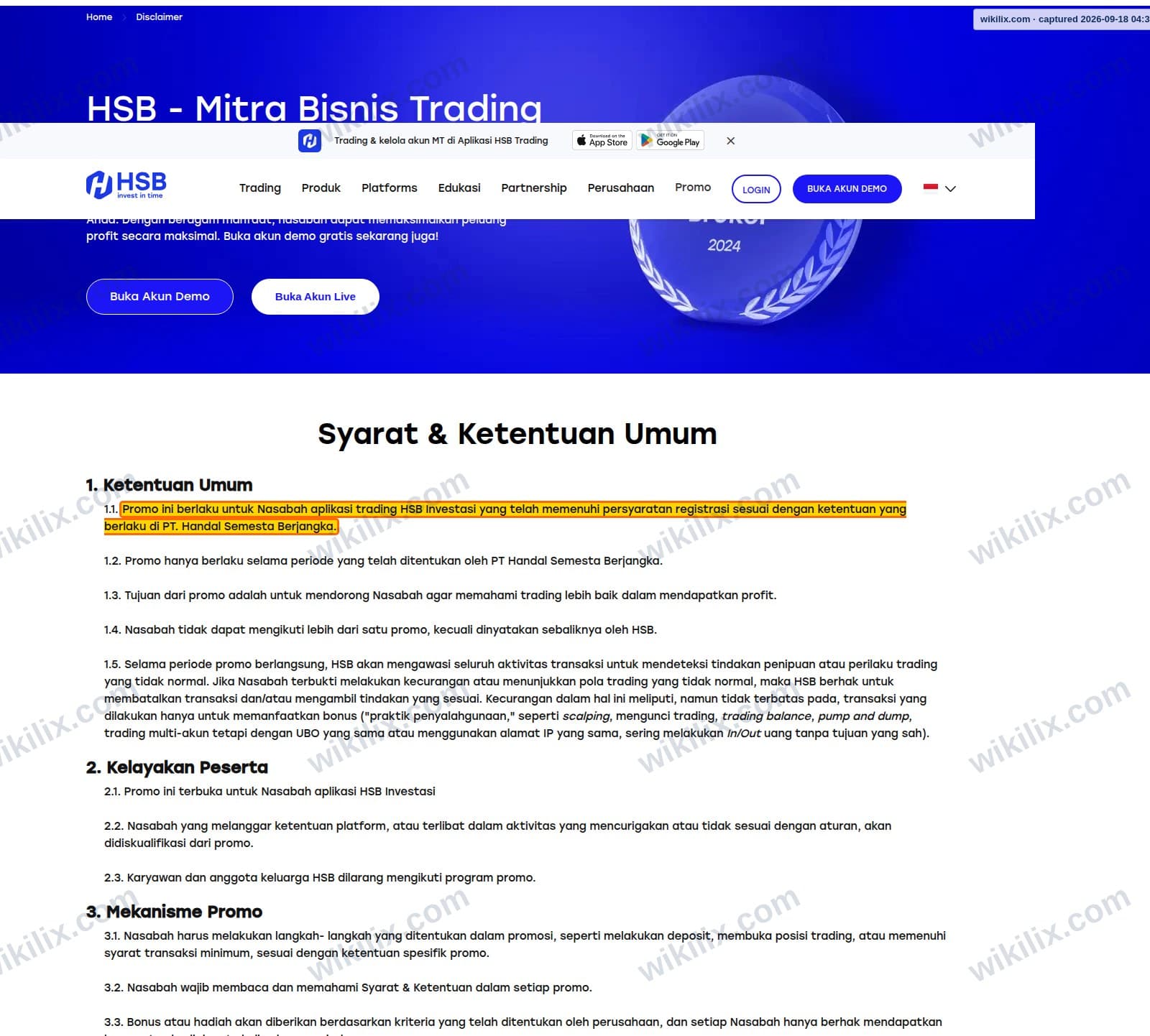 Our full page screenshot of the page this clause sits on, on HSB's site hsb.co.id, taken on Sep 18, 2026. The quoted words are marked in the image.