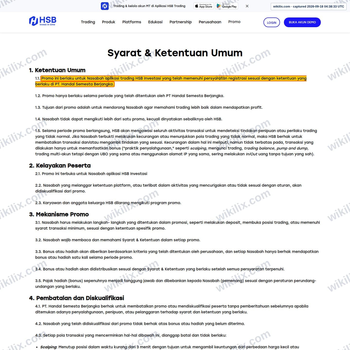 Our full page screenshot of the page this clause sits on, on HSB's site hsb.co.id, taken on Sep 18, 2026. The quoted words are marked in the image.