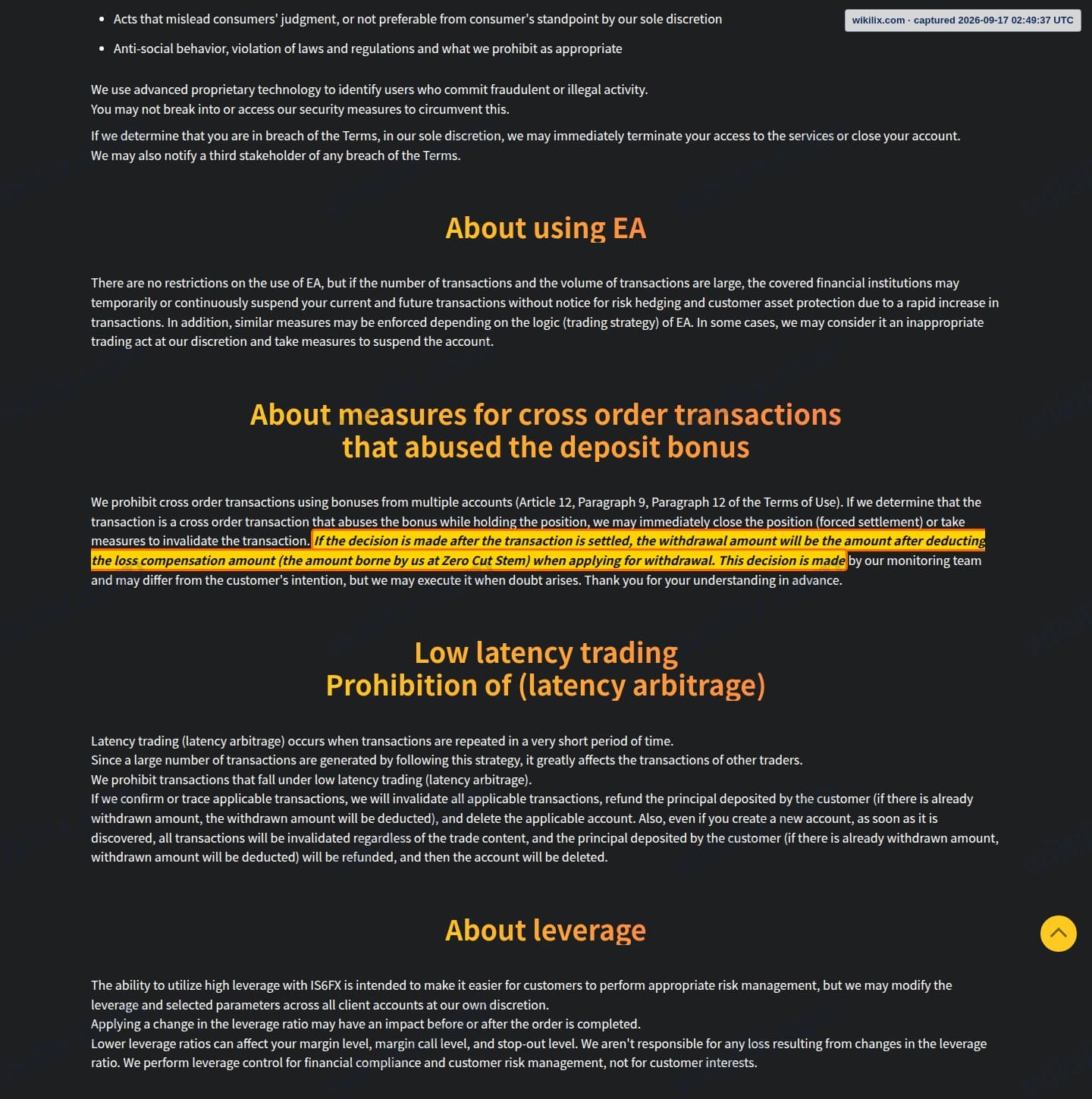 Our full page screenshot of the page this clause sits on, on IS6FX's site is6.com, taken on Sep 17, 2026. The quoted words are marked in the image.