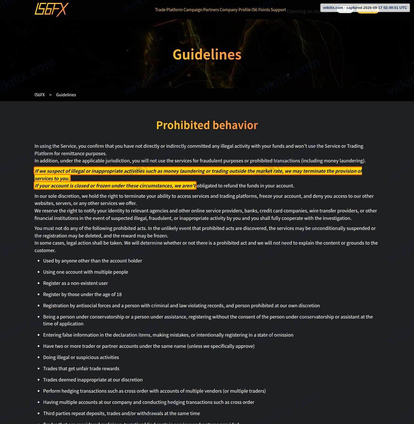 Our full page screenshot of the page this clause sits on, on IS6FX's site is6.com, taken on Sep 17, 2026. The quoted words are marked in the image.